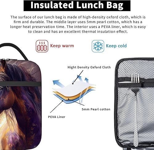 Miniatura 5 de Bolsa de almuerzo aislada marrón con caballo de acuarela para mujer, lonchera para hombres, bolsa de mano portátil para trabajo, picnic, viaje, 10 x
