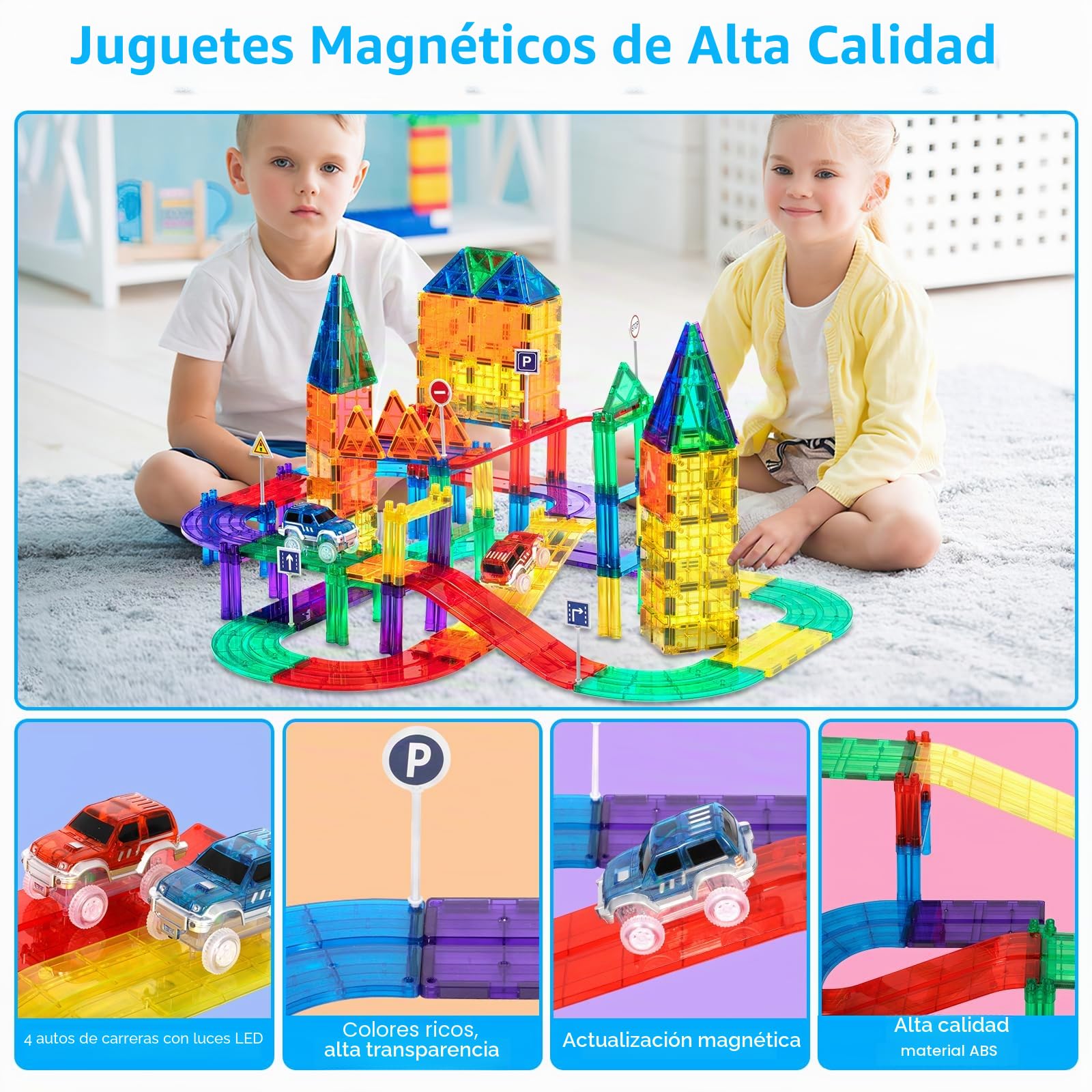 Set Magnético De 126 Piezas Con Coches LED Y Señales – Bloques De Construcción Para Niños De 3 A 8 Años