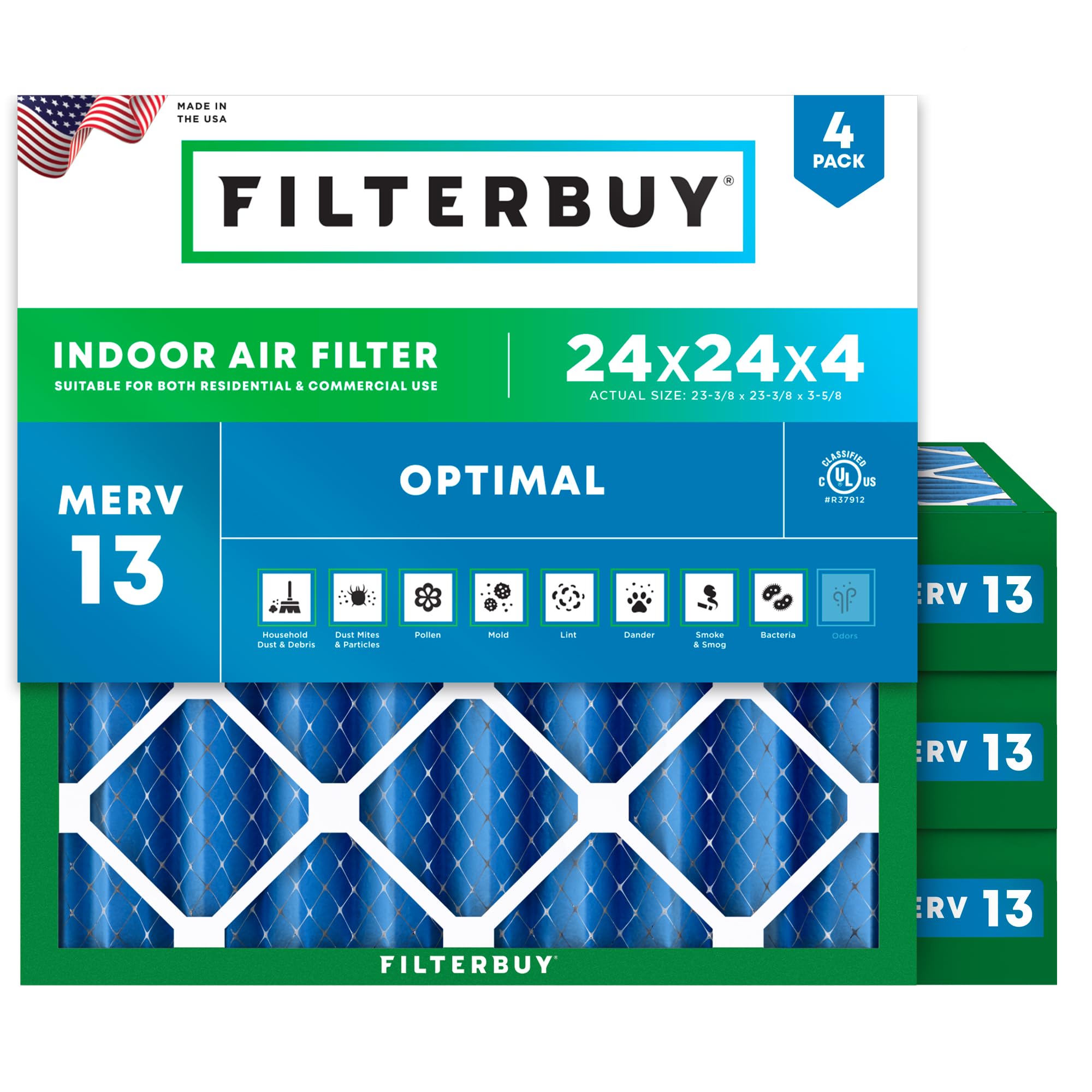 Filterbuy 24x24x4 Air Filter MERV 13 Smoke &amp; Allergy Defense (4-Pack)