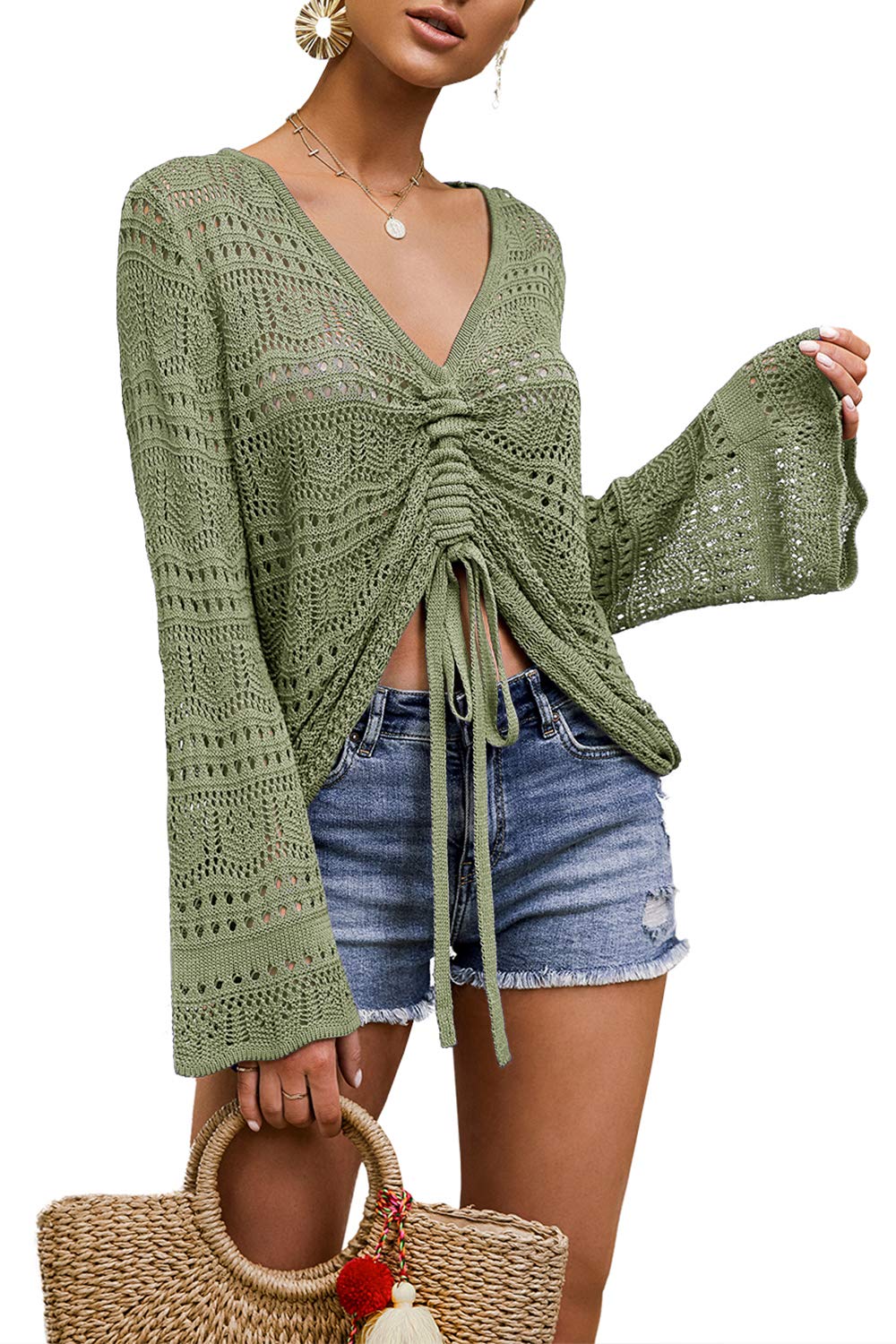Saodimallsu Damen Pullover Flowy Oversized Langarm Frühling Sommer Strickpullover V-Ausschnitt Crochet Sexy Tops