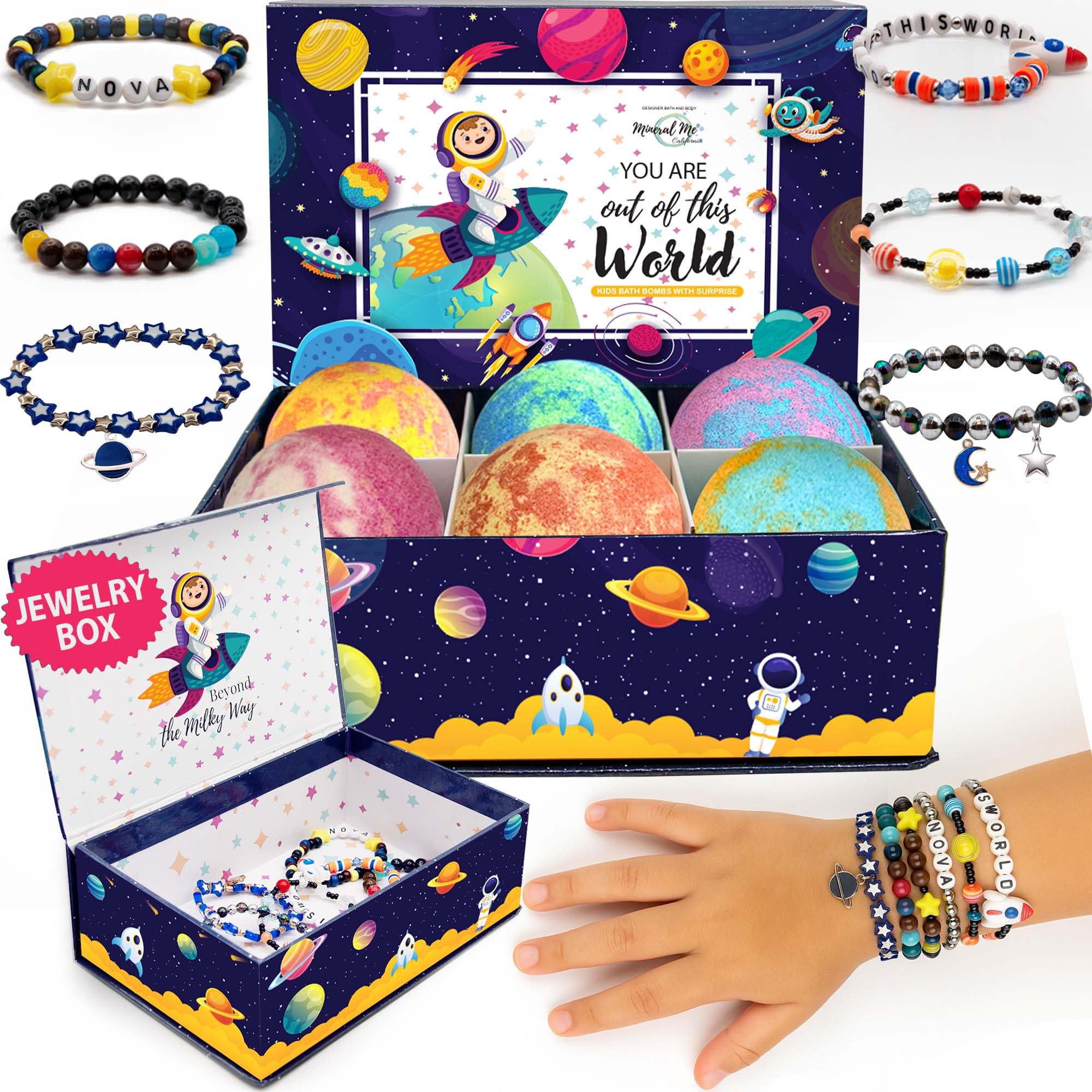 Bath Bombs for Kids with Surprise Inside, Bath Bombs with Surprise Jewelry & Jewelry Box - Organic, Skin Moisturizing, Natural Kids Space Galaxy Bracelets, Birthday Gifts for Boys, Girls