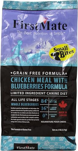 Firstmate Pet Foods Pollo con arándanos pequeños bocados, 5 libras, alimento seco para perros sin granos