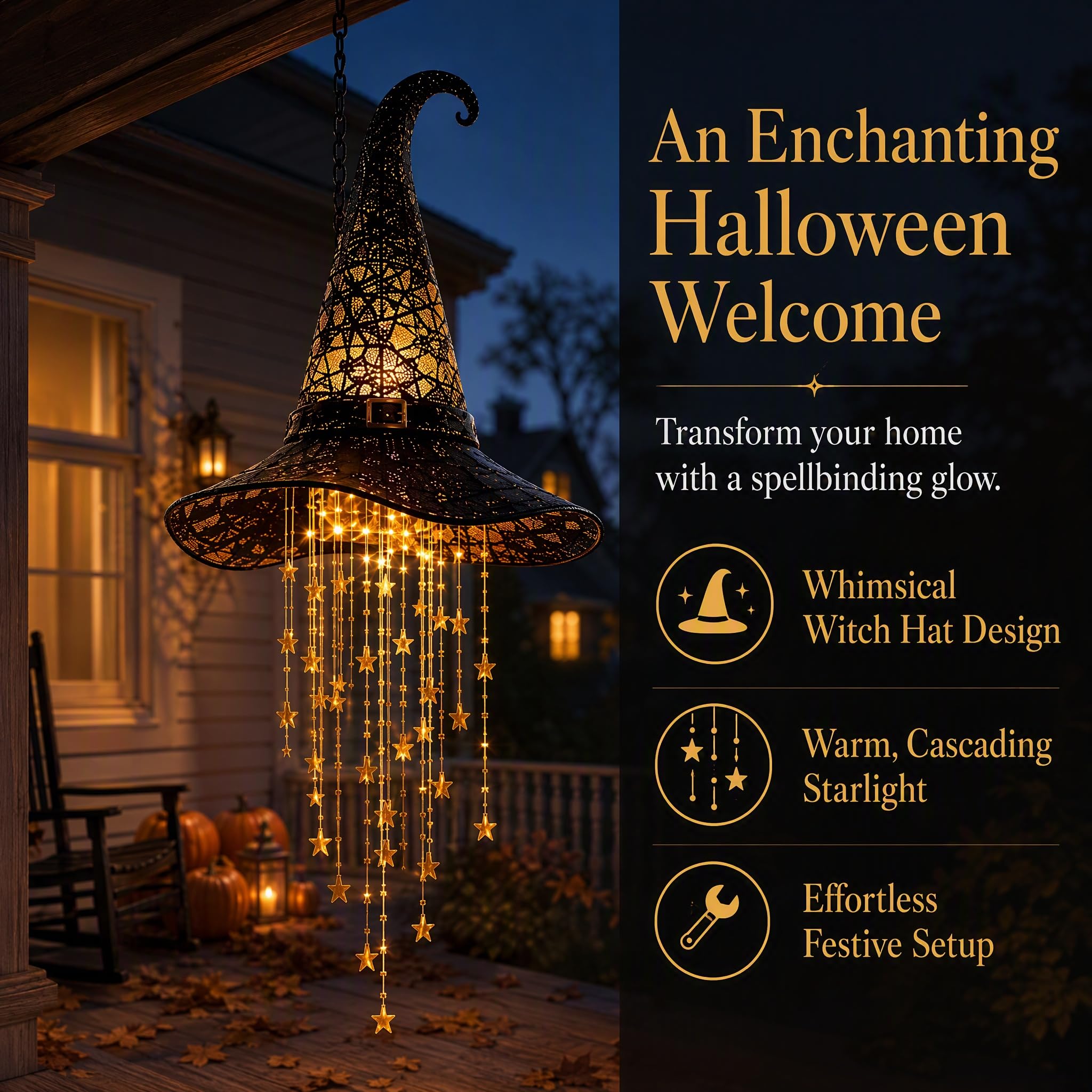 Lighted Witch Hat Wisząca Chime, LED Halloween Decorations Outdoor, 2 szt