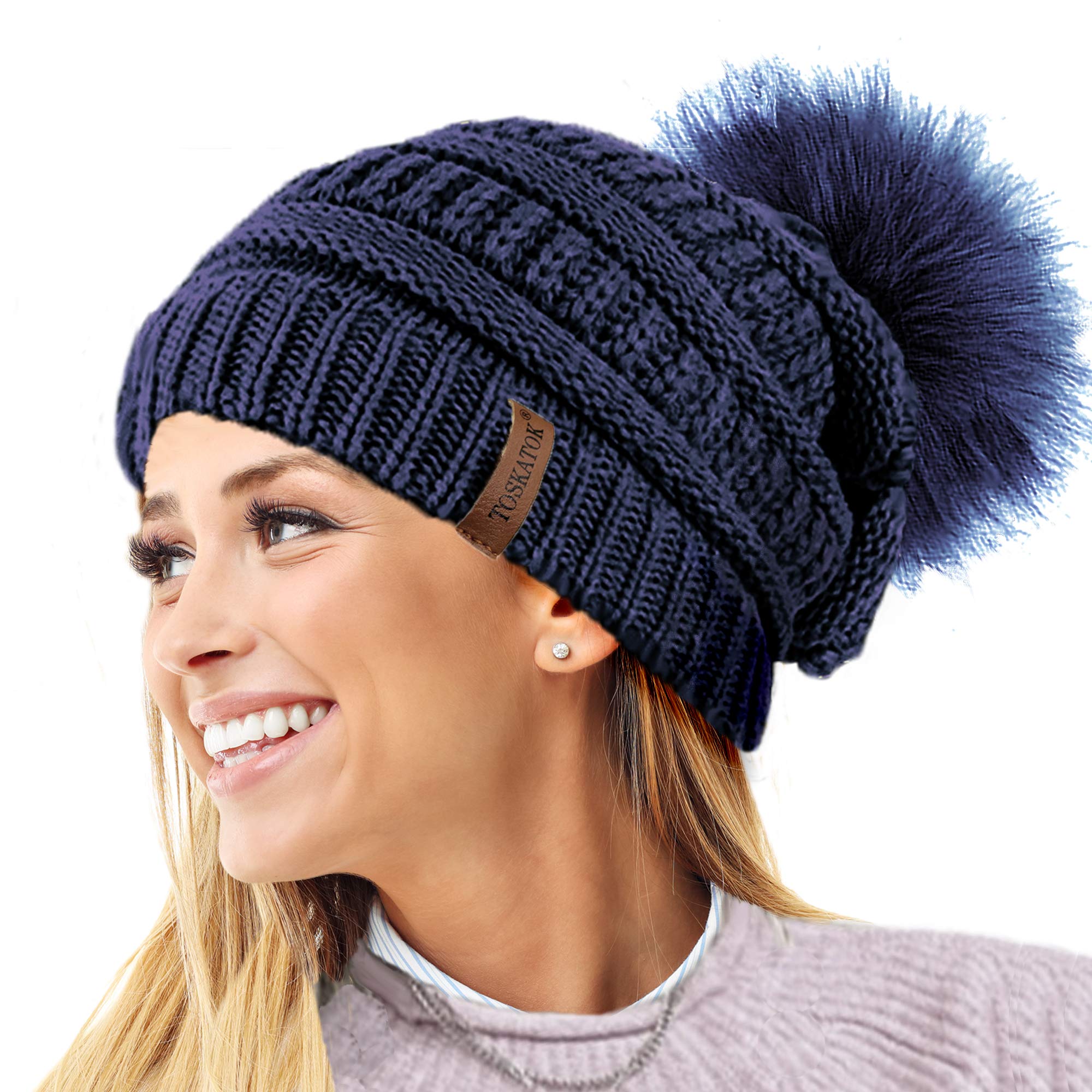 Toskatok Women's Navy Toskatok® Textured Knit Beanie Hat With Detachable Faux Fur Pom Pom