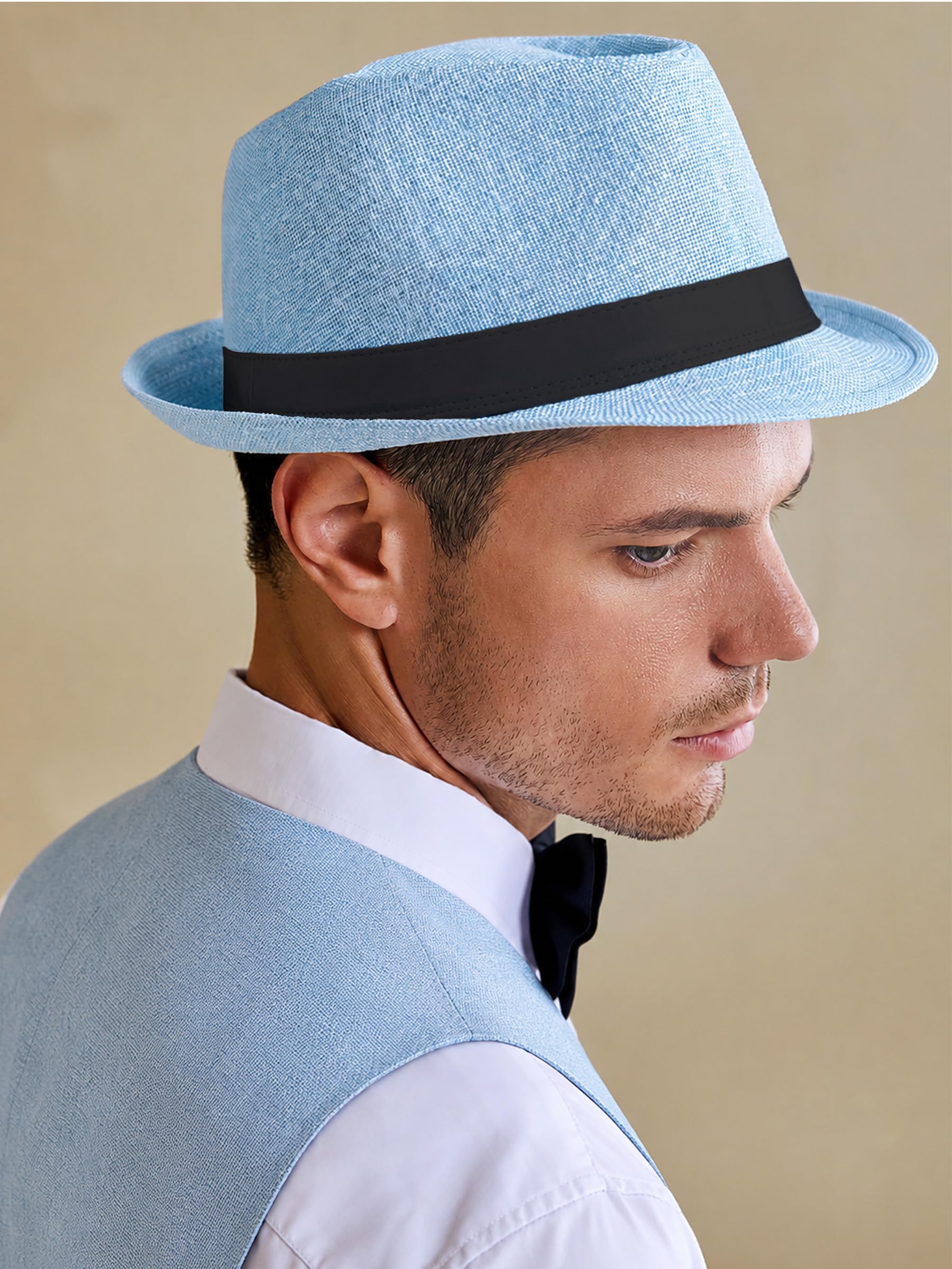 Babeyond Cappello di paglia Fedora da uomo stile anni ‘20, in feltro, modello Panama a tesa stretta, con nastro