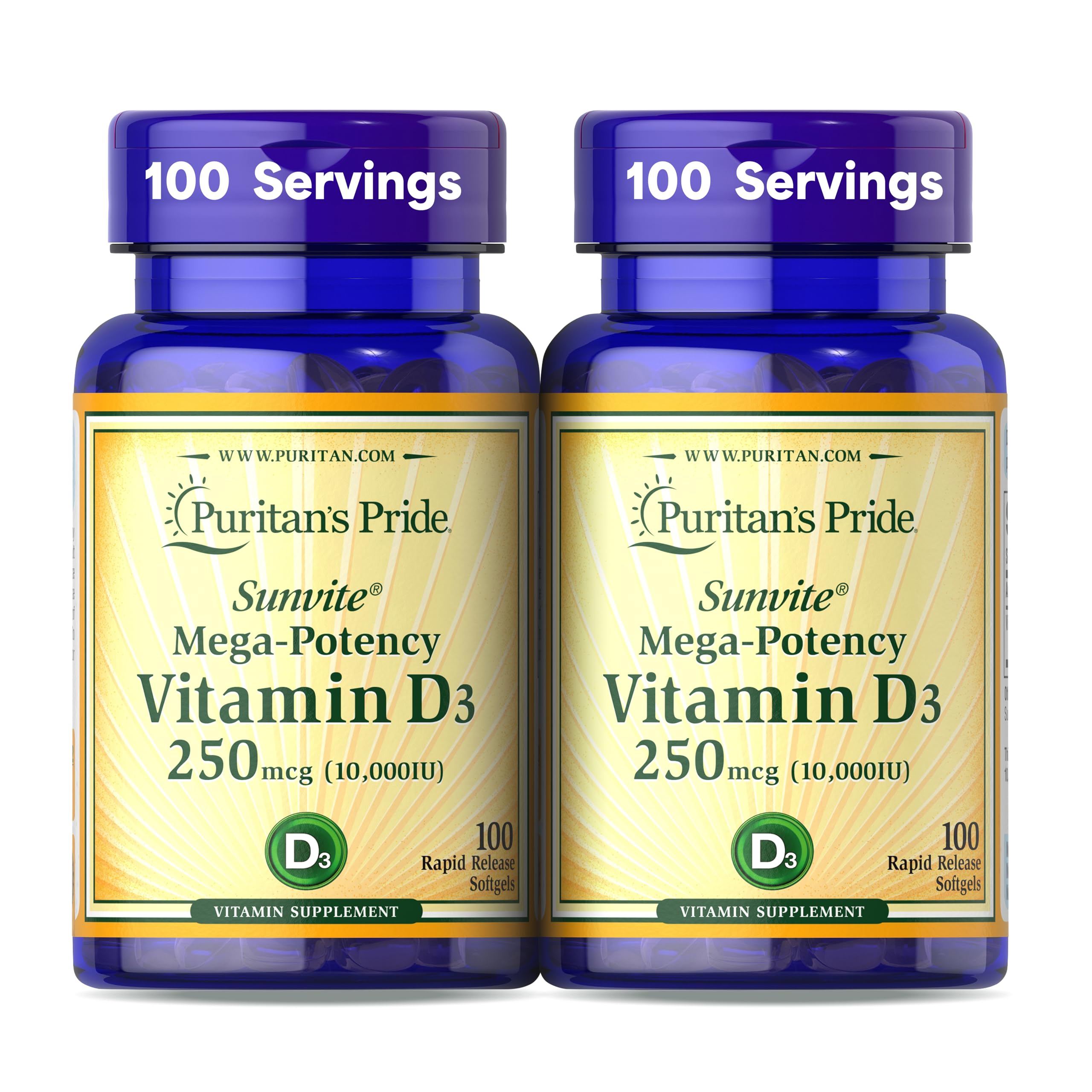 Puritan's PridePremium Sunvite™ Mega-Potency Vitamin D3 10,000 IU, Dietary Supplement for Healthy Bones, Teeth, and Immune System Support, 100 Rapid Release Softgels