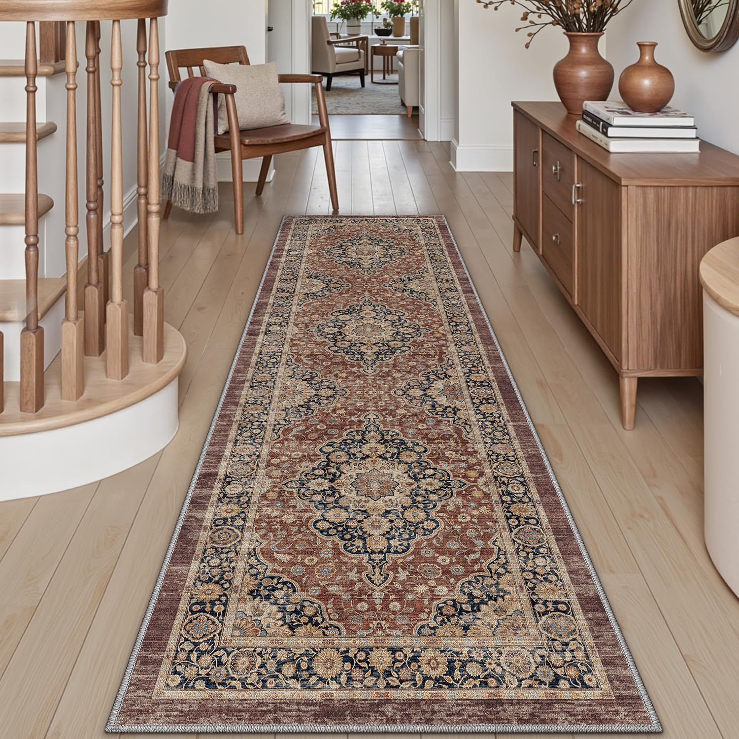 DEXI Hallway Runner Rug 60 x 180 cm, Non-Slip Long Washable Entryway Floor Mats, Absorbent Thin Vintage Carpet Runners for Kitchen, Laundry, Bedside, Rusty Red โ image 1