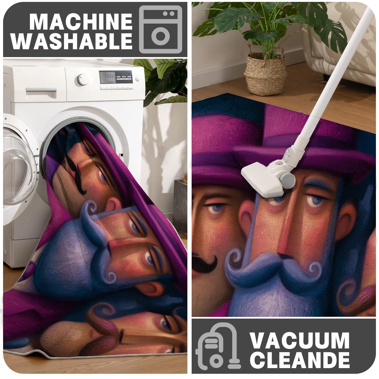 Tapis Entree Interieur Portrait Pop Art 60x90cm Lavable en Machine, paillasson AntidéRapant Poil Ras, Barbe Grand Père pour Chambre Salle a Manger Cuisine, Violet