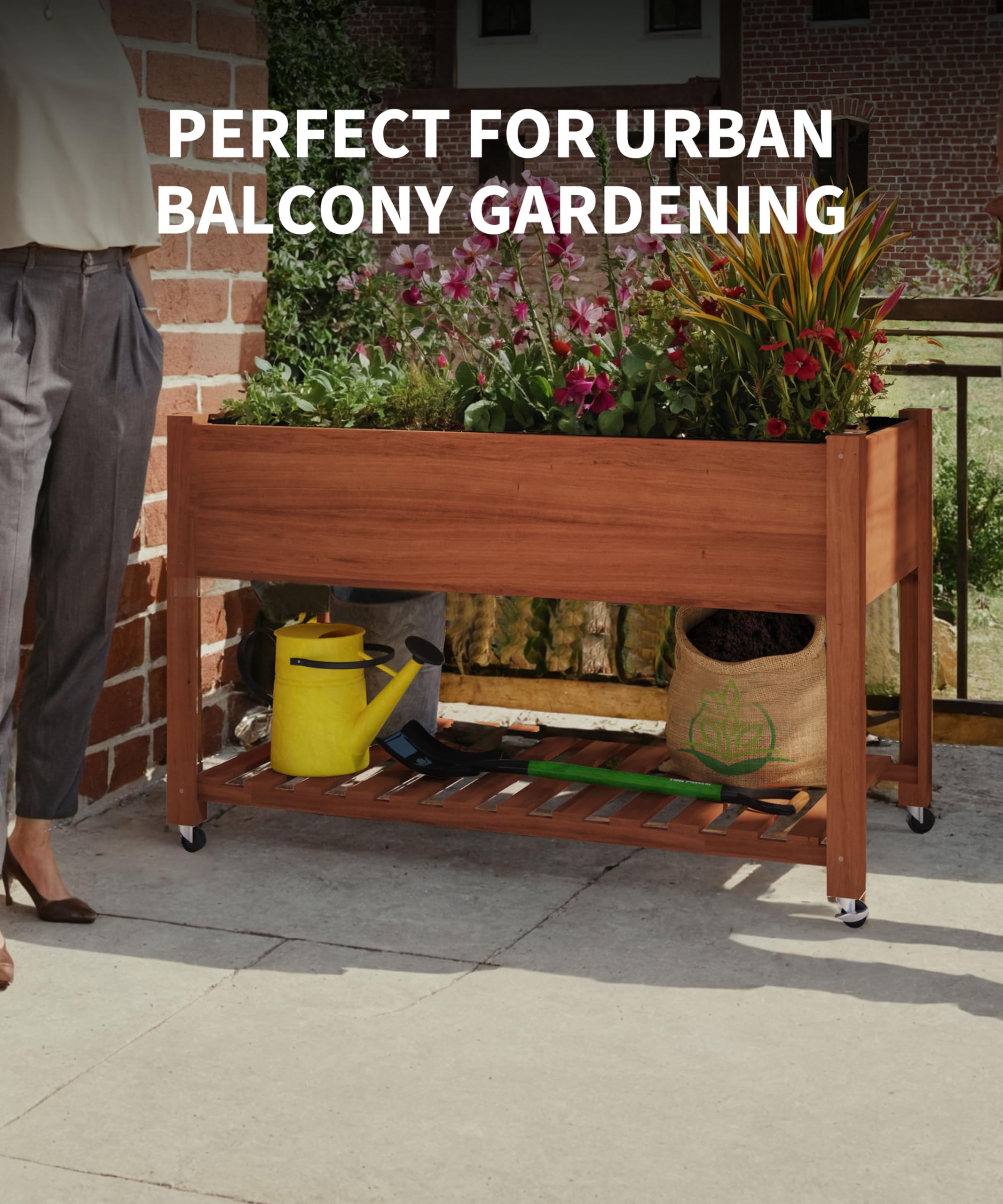 GarveeHome Cama elevada de Madera para jardín con Ruedas y Estante Inferior – Caja Jardinera Resistente con Forro Protector – Ideal para Cultivar Verduras, Hierbas y Flores en Patio, terraza o jardín