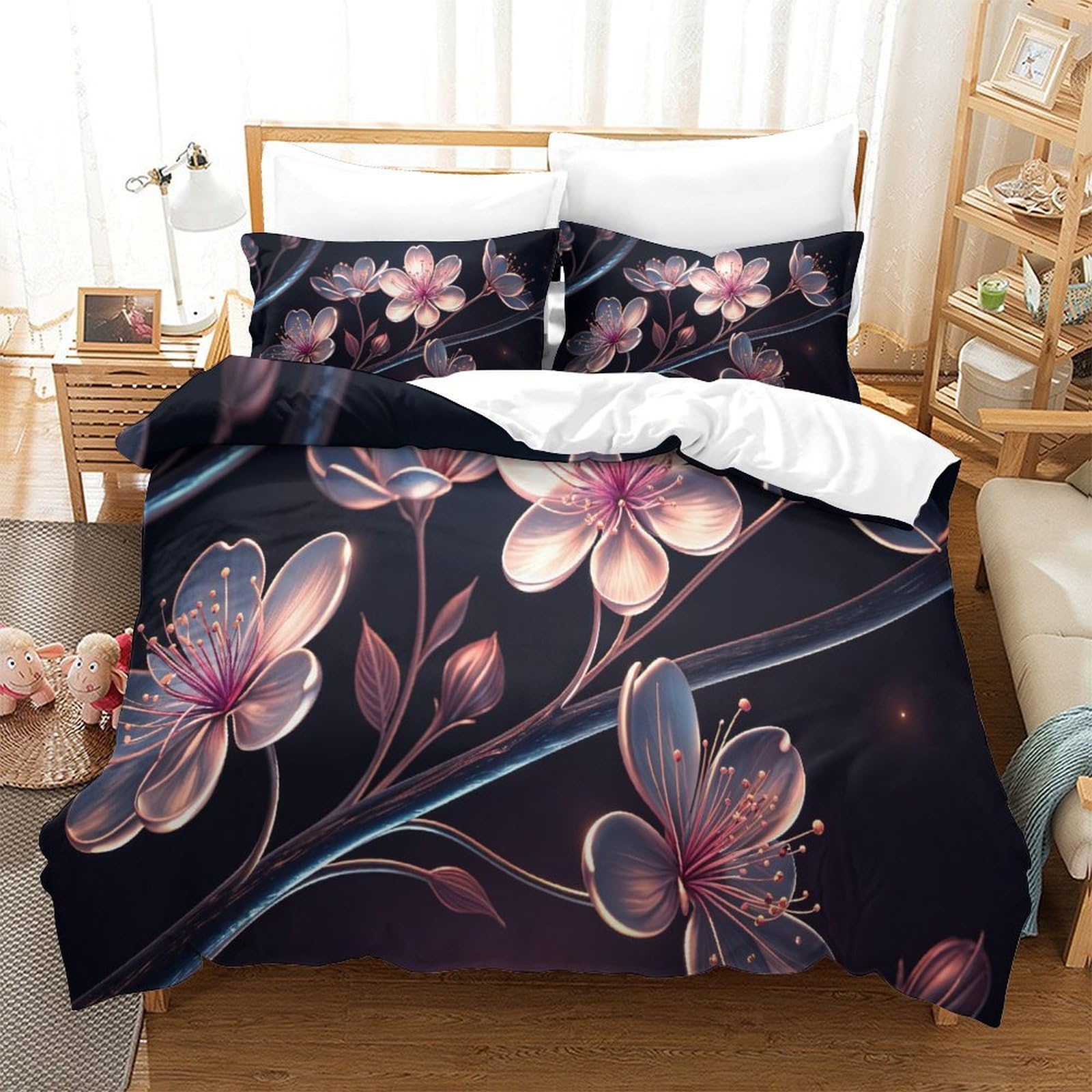 XPASHIQWC Translucent Cherry Blossoms 3 Pieces 3D Printed Comforter Cover Set Golden Stamen with Pillow Cases Microfiber for Modern Bedroom Decor King（220x240cm）