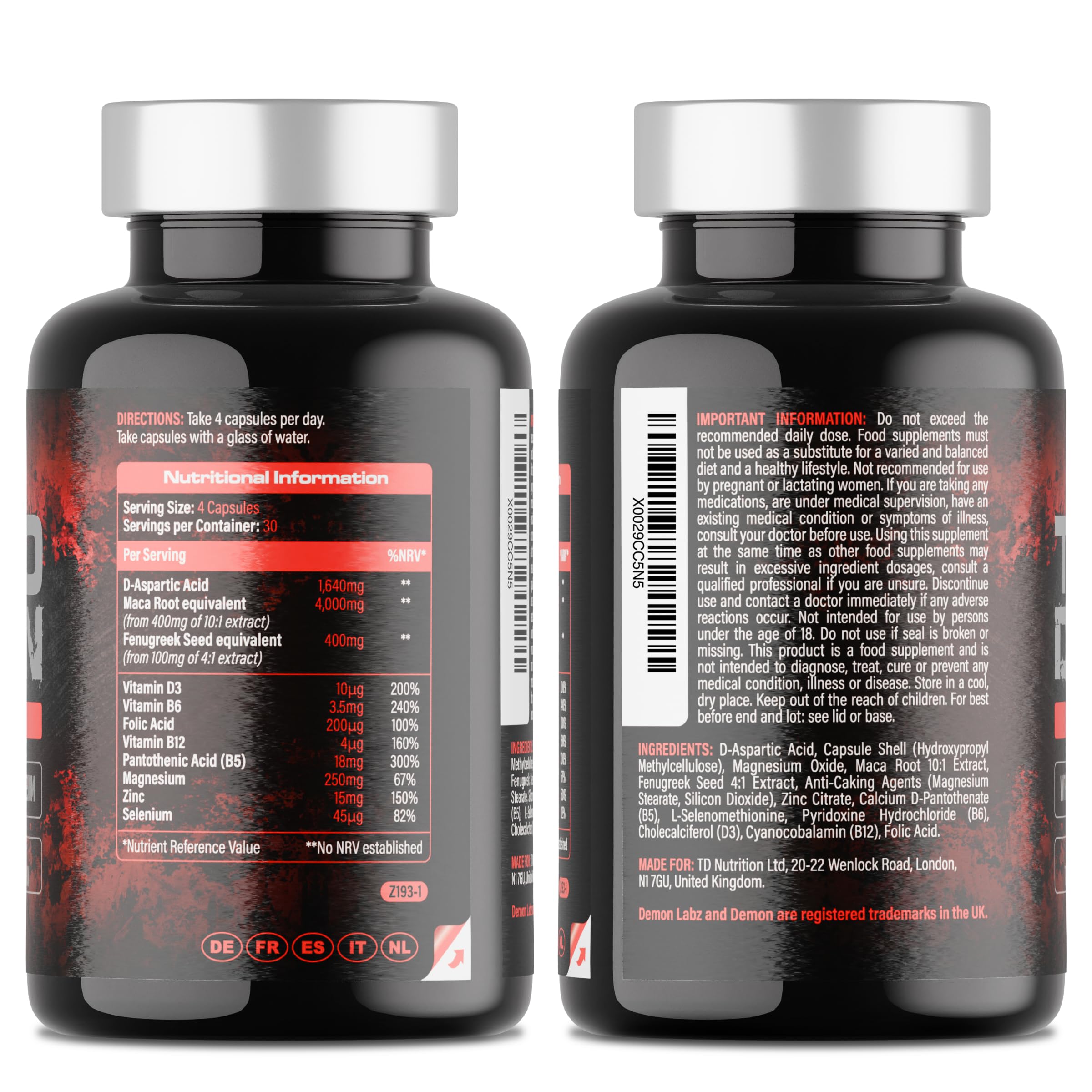Testo Demon – Complejo de Zinc y Aminoácidos para hombres con Maca, Vitaminas B y Extractos Botánicos – 120 Cápsulas (30 Porciones)