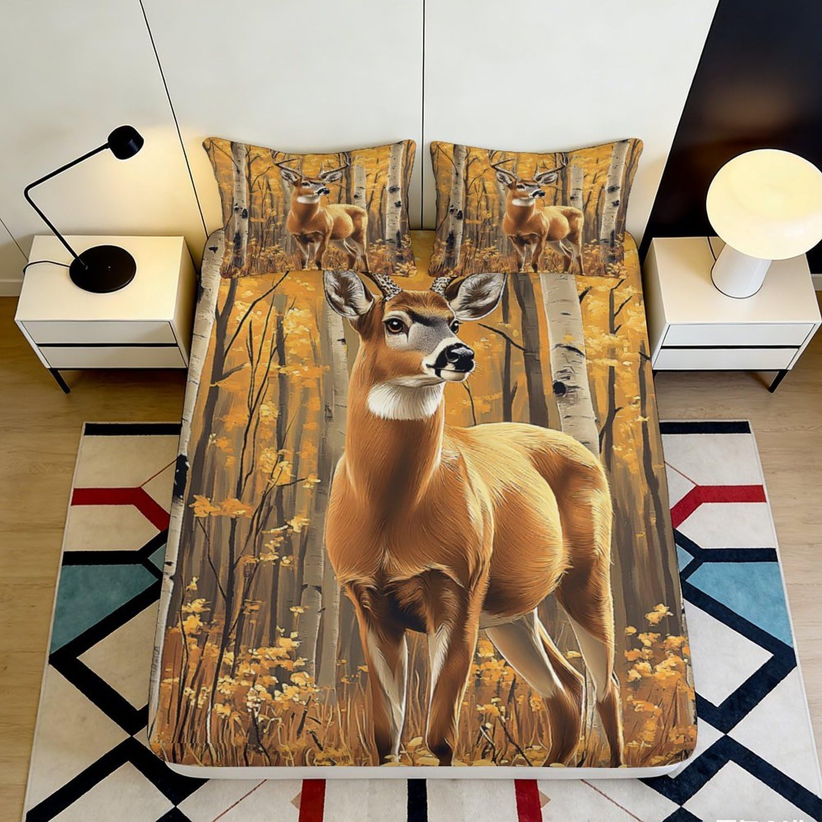 3D Printed Deer Forest Fitted Sheet Microfiber Soft Durable Autumn Woods Bed Cover for Bedroom Dormitory Guest Room Mattress Protection 200x200x25cm