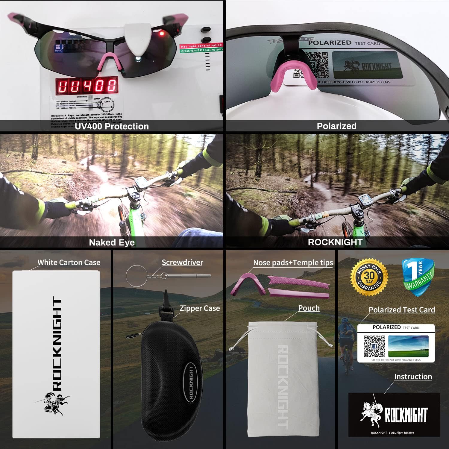 ROCKNIGHT HD Polarized Sports Sunglasses Cycling Driving Baseball Outdoor Ultralight TR90 Frame Big Lens (Black Frame/Pink Rainbow Len)
