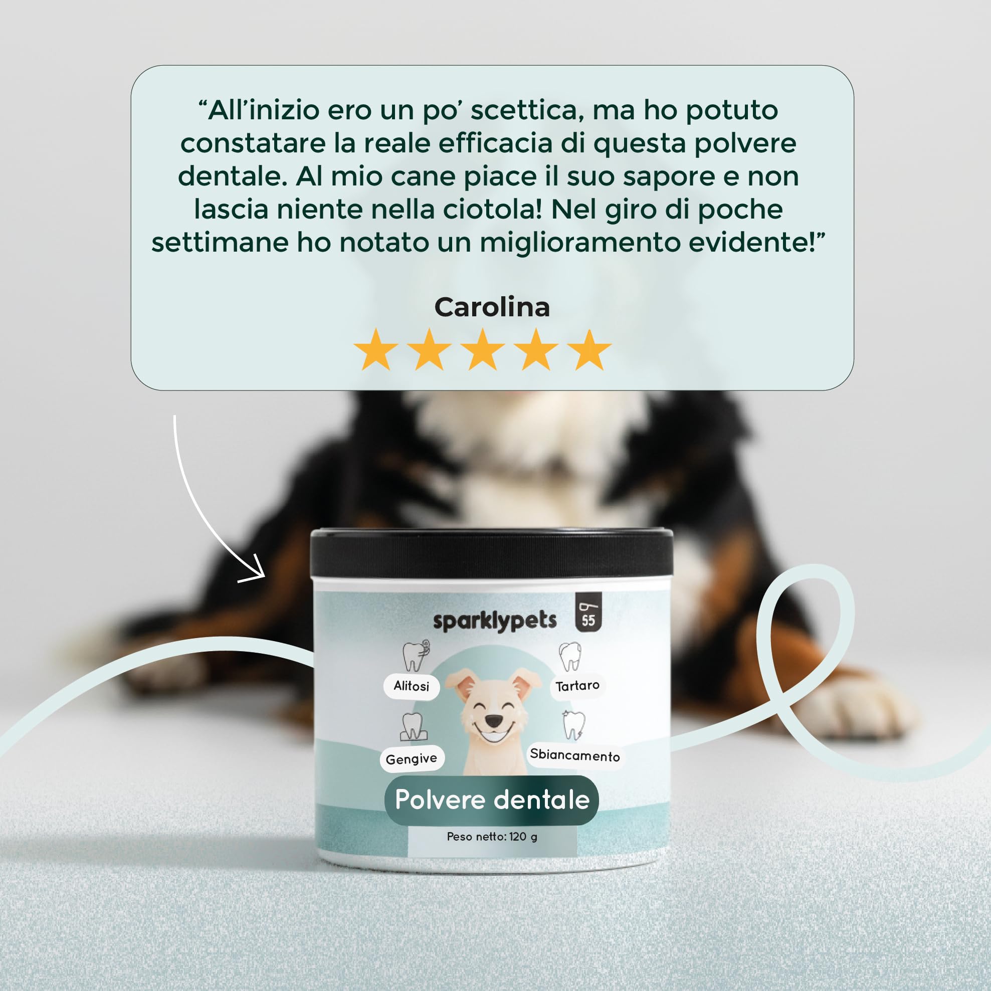 Polvere Dentale per Cani SparklyPets - Detergente Anti Tartaro e Placca, Sbiancamento Denti, Alito Cattivo, Gengive - 120 g