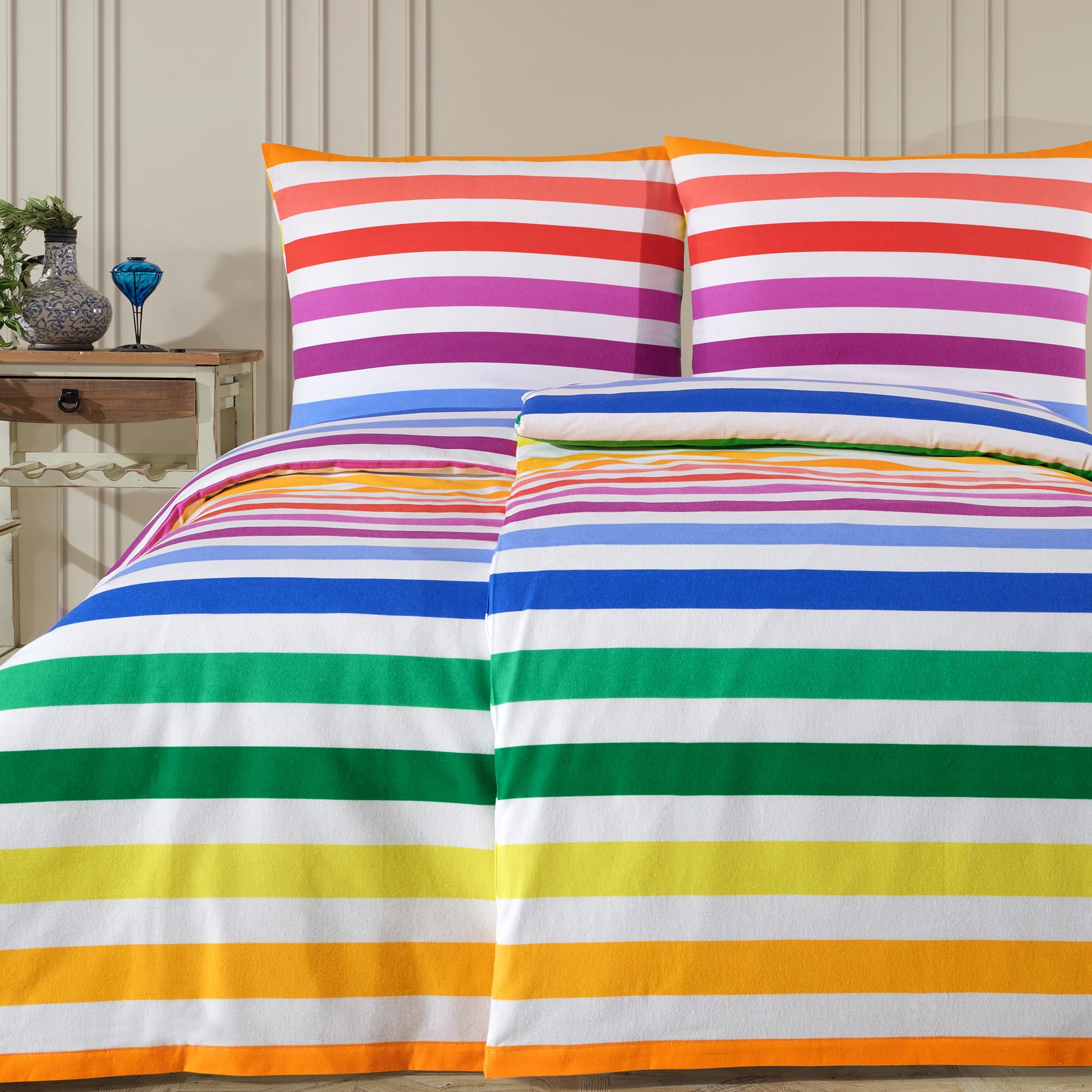 Biber Bettwäsche 135x200 cm – 100% Baumwolle, OEKO-TEX® STANDARD 100 & STeP – Atmungsaktiv, Weich & Hautfreundlich – Mit Reißverschluss – 1x Bettbezug + 1x Kissenbezug 80x80 (RAINBOW SHINE, 135-200)