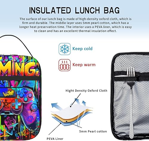 Miniatura 3 de Lonchera de videojuegos para niños y niñas, con grafiti, aislada, reutilizable, portátil, para picnic, senderismo, playa, viajes, oficina, trabajo