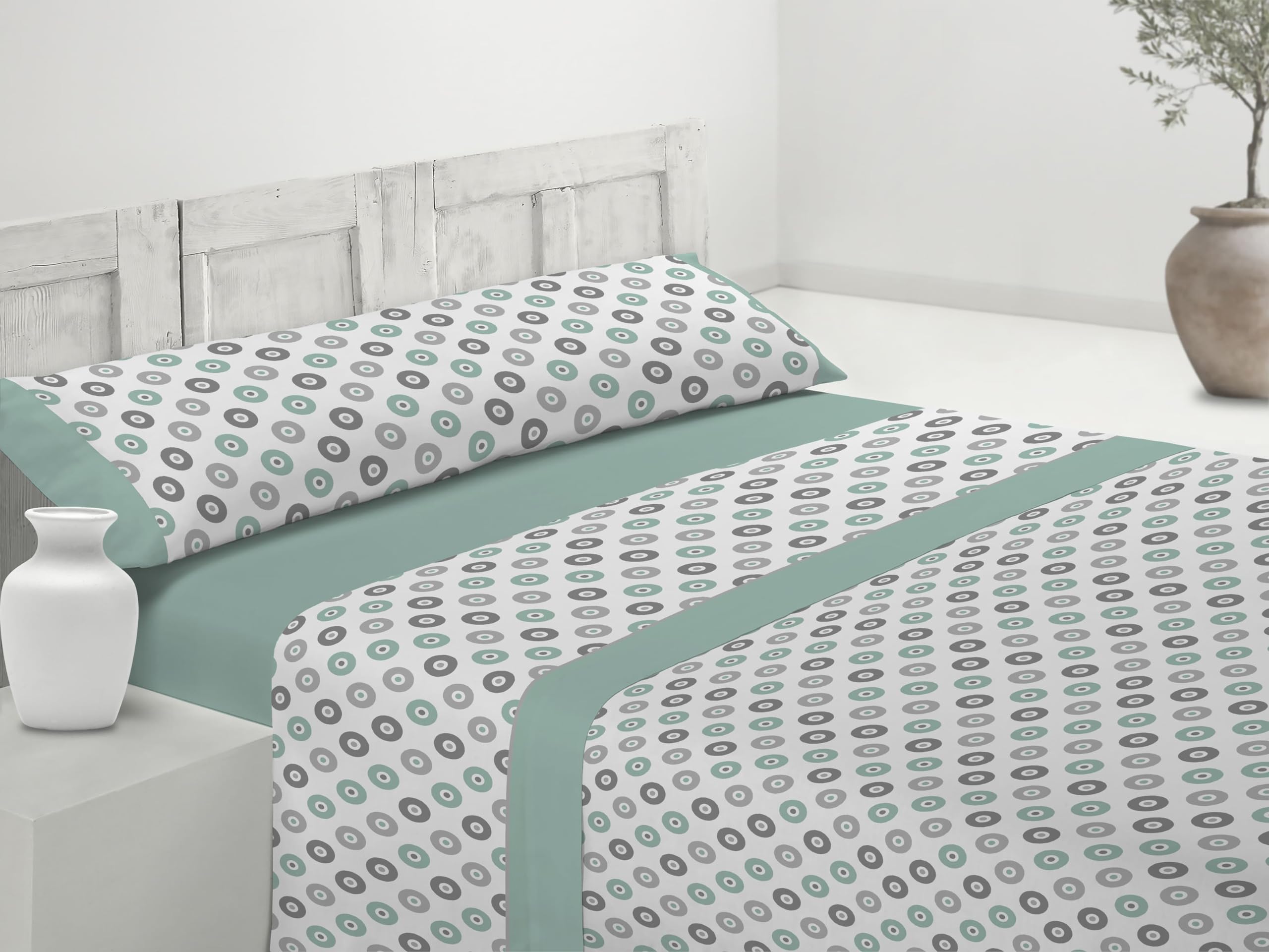 Donegal Collections Sabanas 150 x 190 - Juego de Sabanas Cama 150 Yade Verde - Bajera, Sabana Encimera y 1 Funda de Almohada - Primavera Verano - Tacto Extra Suave - 50% Algodón 50% Poliester