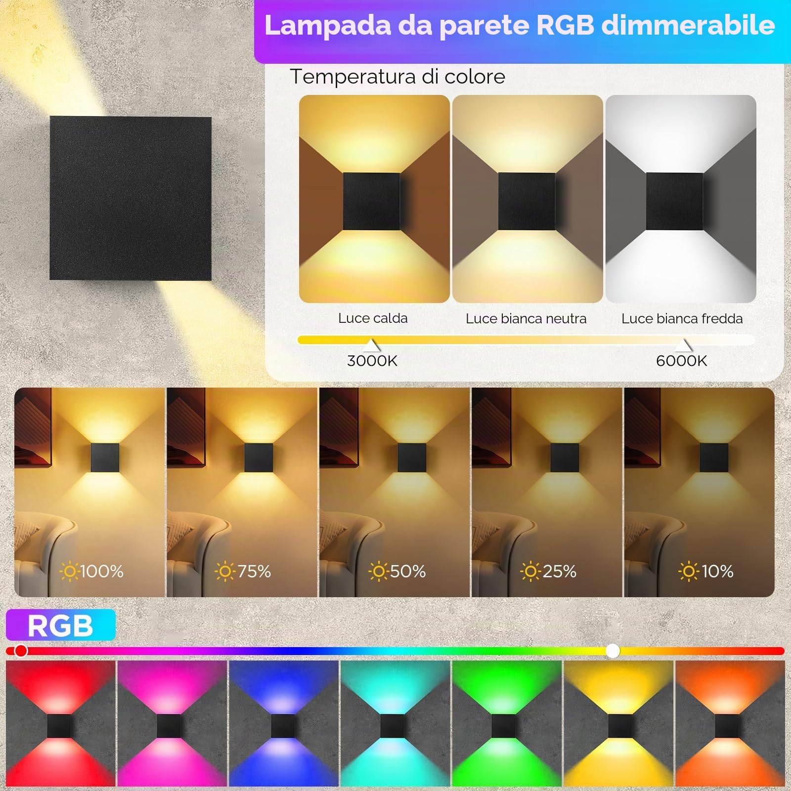 2 Pezzi Lampada da Parete RGB, 9W LED Lampada da Parete Interno RGB Dimmerabile con Telecomando APP Controllo, 16 Milioni di Colore, Angolo del Fascio Regolabile Applique per Soggiorno,Camera da Letto