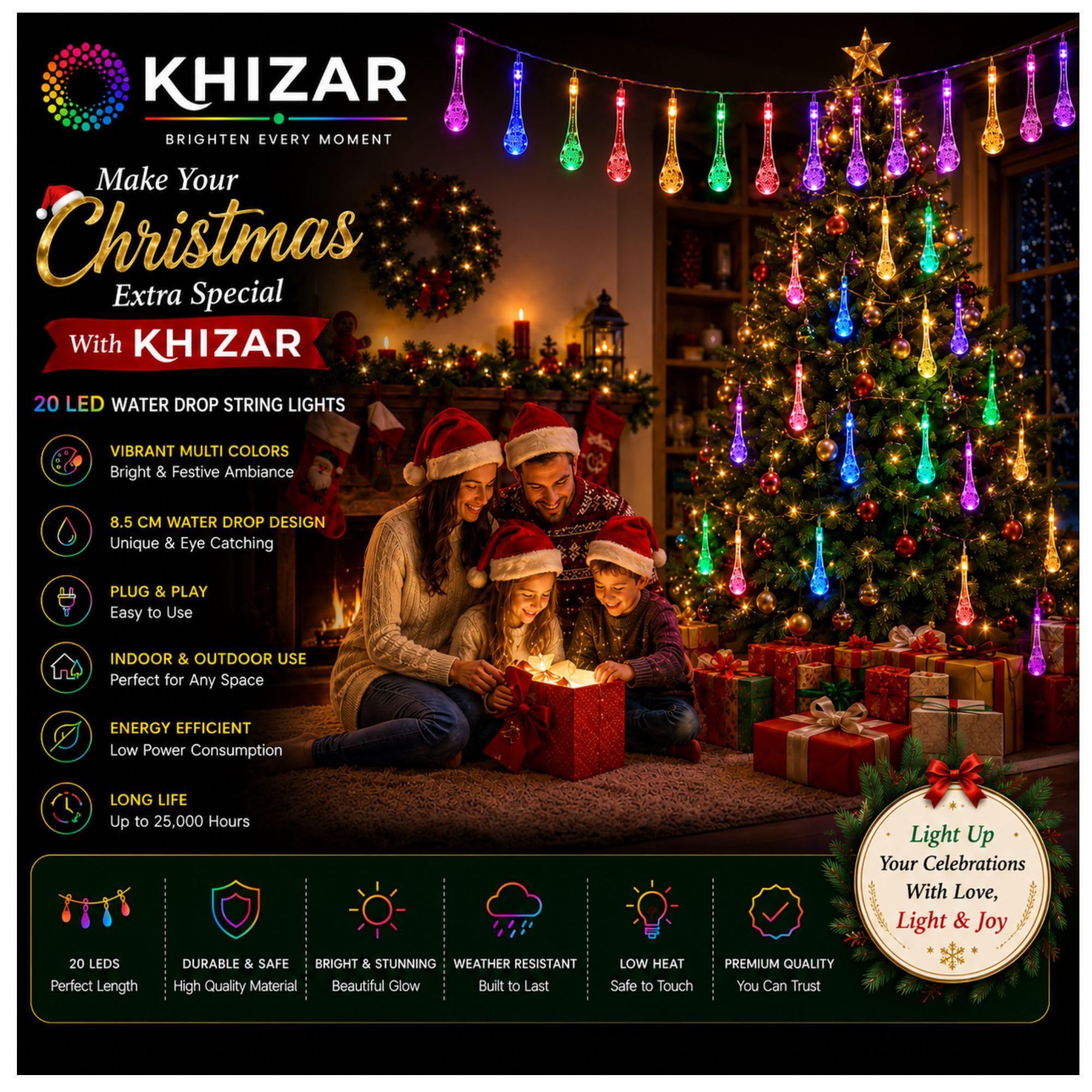 KHIZAR 20 LED Water Drop String Lights, Multi-Color Decorative Fairy Lights, Plug-in Hanging Lights for Eid, Ramadan, Diwali, Bedroom, Balcony, Wedding, Party & Home Decoration 2