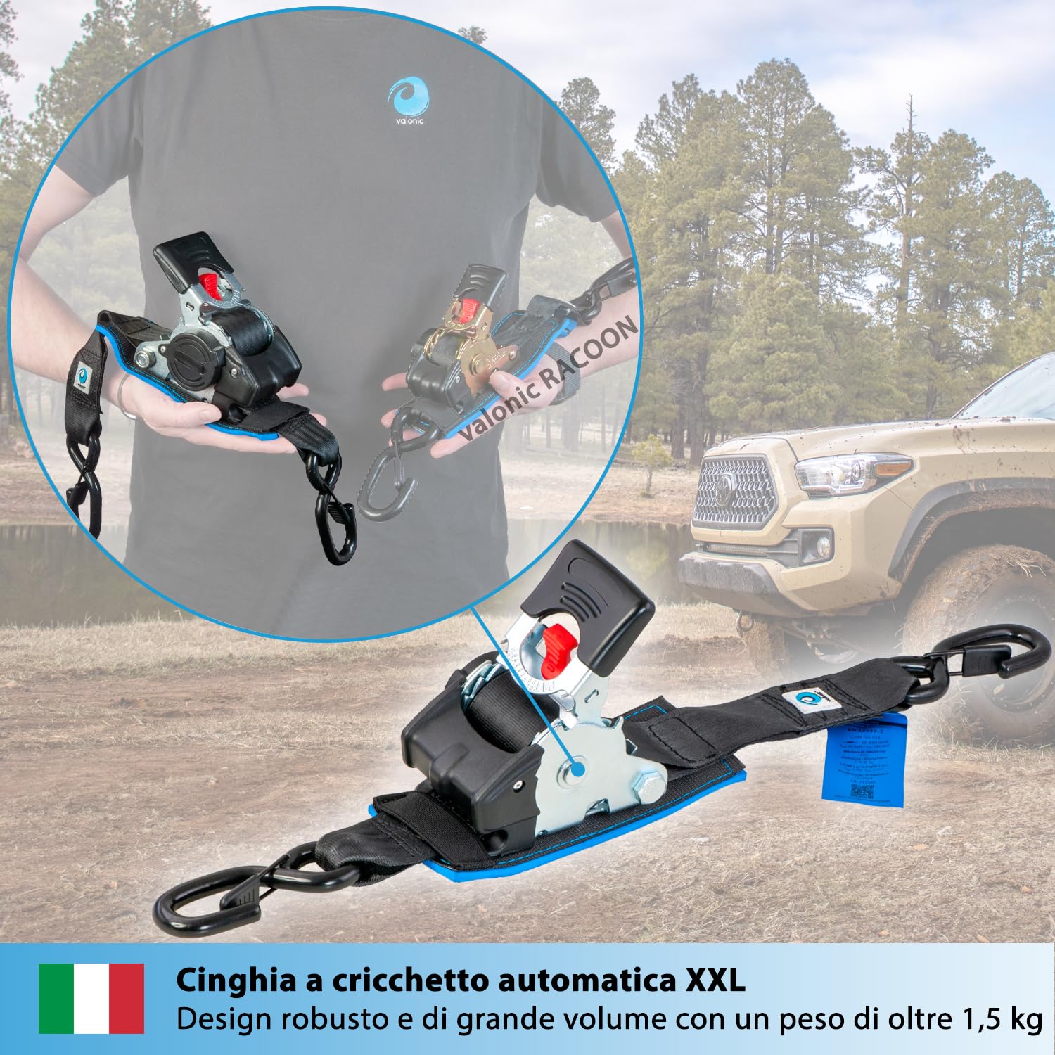 valonic TANUKI - 2x 3m XXL cinghie di fissaggio automatico, 50mm, 650/1300 Kg, imbottito, EN-12195-2 - con gancio, con cricchetto, nero, per moto