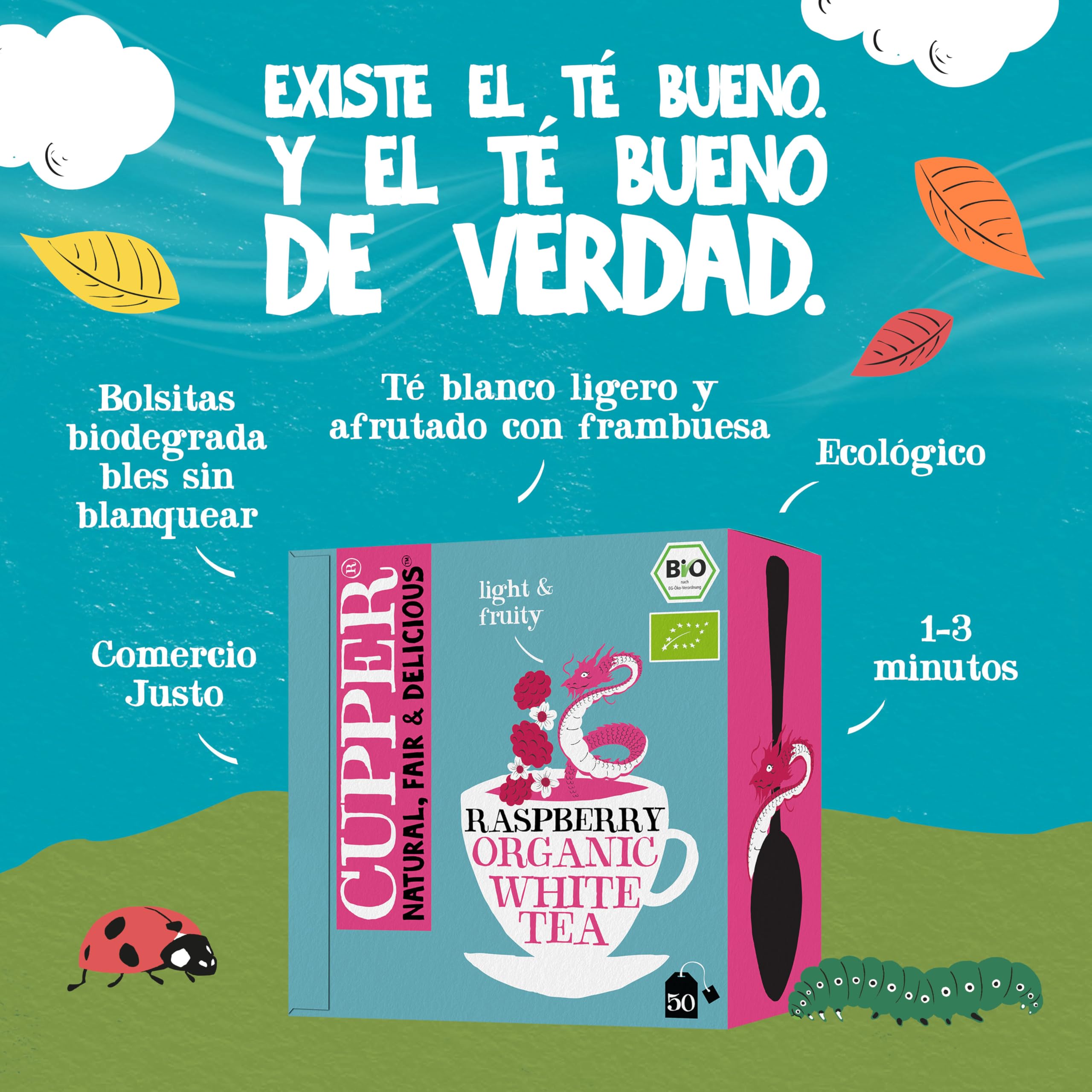 CUPPER - Caja de 50 bolsitas de Té Blanco Con Frambuesa Bio - Apto para Veganos - Contiene Frambuesa | Té blanco con frambuesa | sin plástico y sin blanquear | perfecto para la oficina | comercio justo