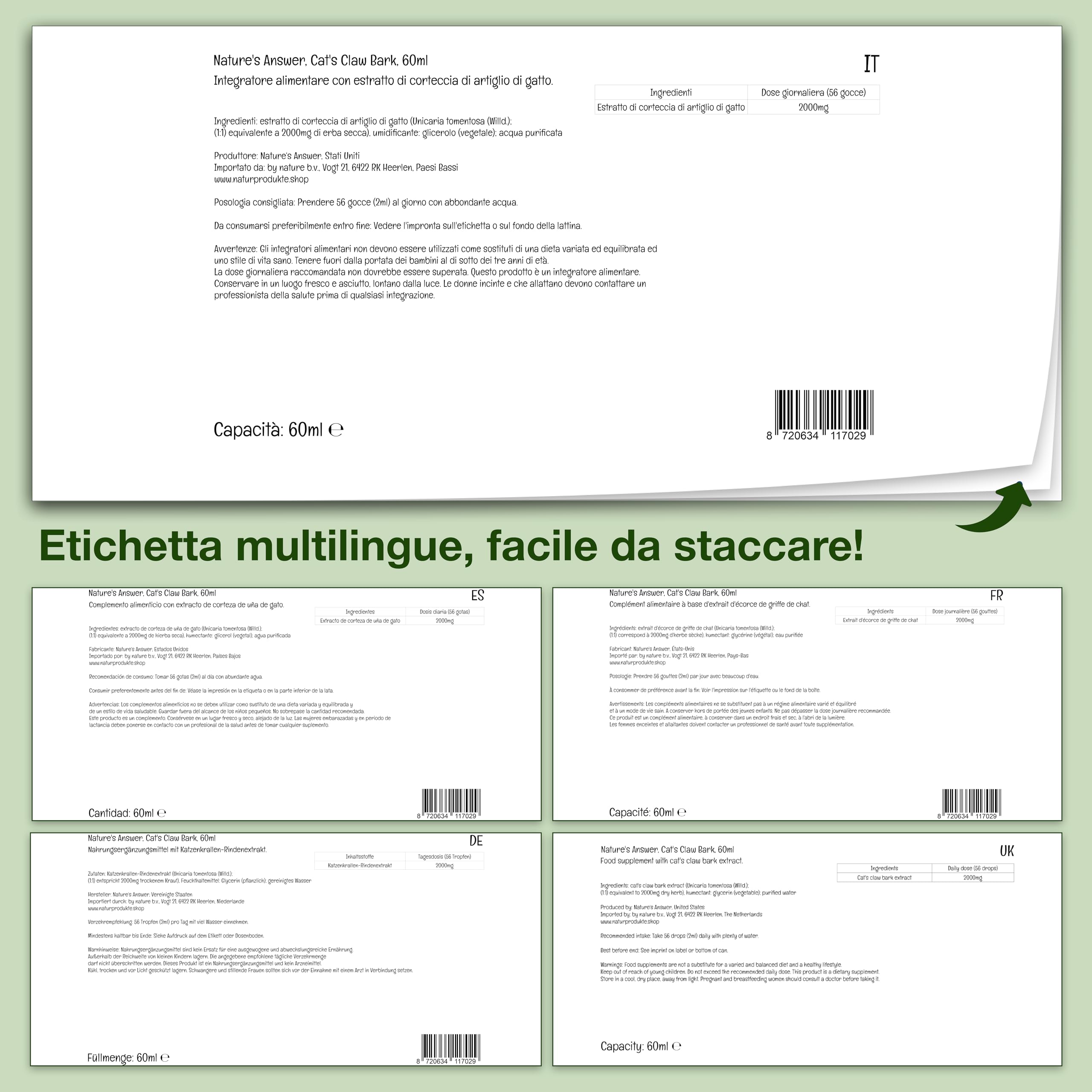 Nature's Answer, Cat's Claw Bark (Corteccia di Artiglio di Gatto), 2.000mg, 60ml, Testato in Laboratorio, Senza Glutine, Senza Soia, Vegetariano
