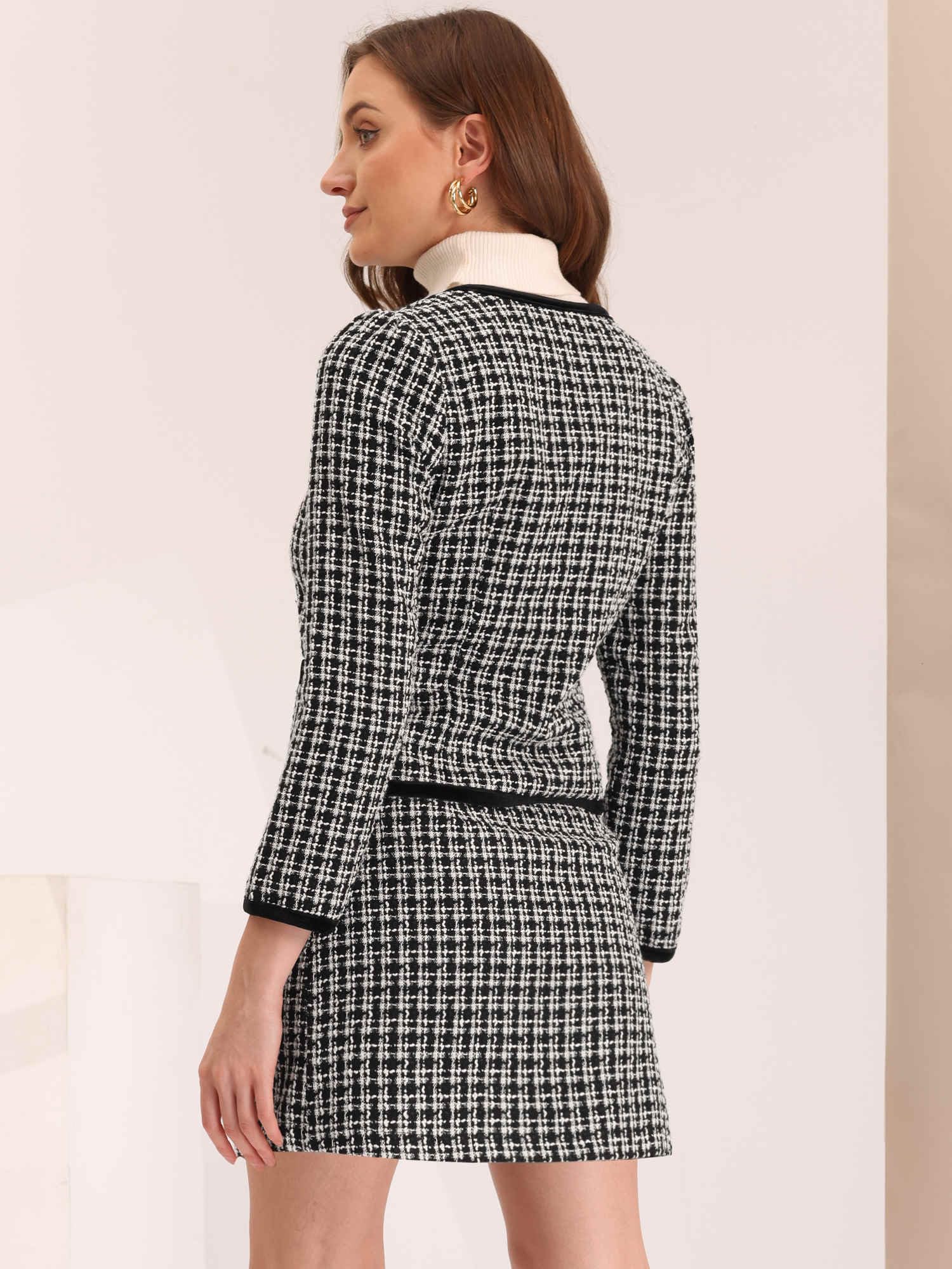 Allegra K Conjunto de falda de traje de negocios para mujer, trajes de 2 piezas, chaqueta de tweed a cuadros, blazer corto y minifalda