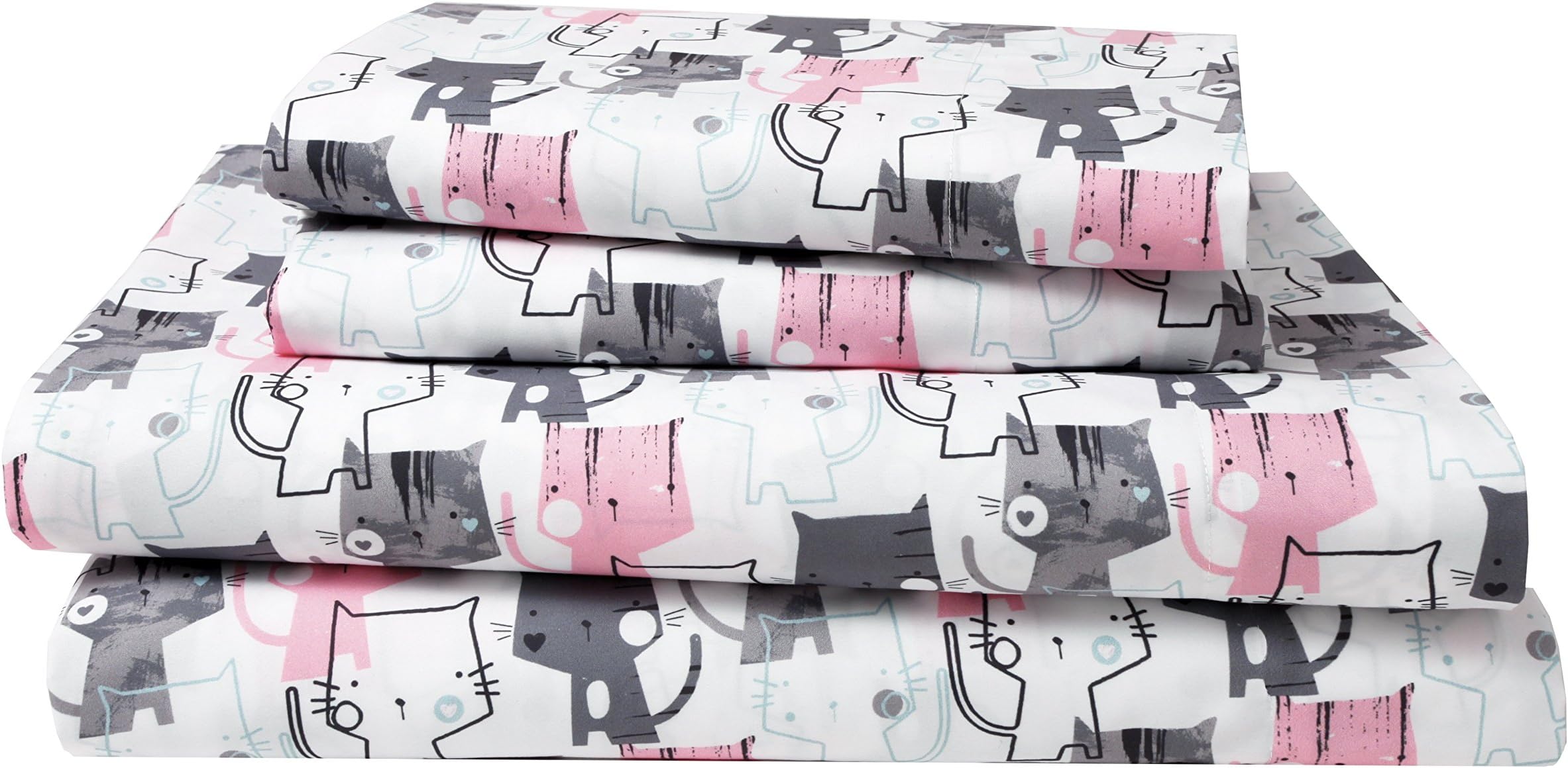 Elite Home Products Kids Juvenile 90 GSM Microfiber Printed Sheet Set, Kitty Love, Twin