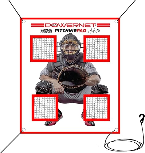 PowerNet Almohadilla de lanzamiento entrenador de lanzamiento de sóftbol de 4 bolsillos con red de 7 x 7 pies, receptor realista para jaulas y