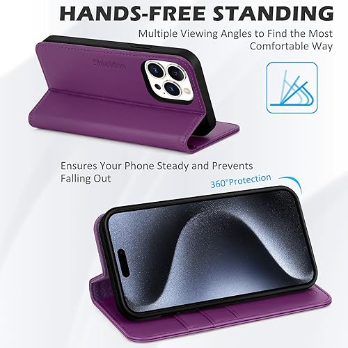 Miniatura 4 de SHIELDON Funda tipo cartera para iPhone 15 Pro de 6.1 pulgadas, funda de cuero genuino con tapa con bloqueo RFID, ranuras para tarjetas de crédito,