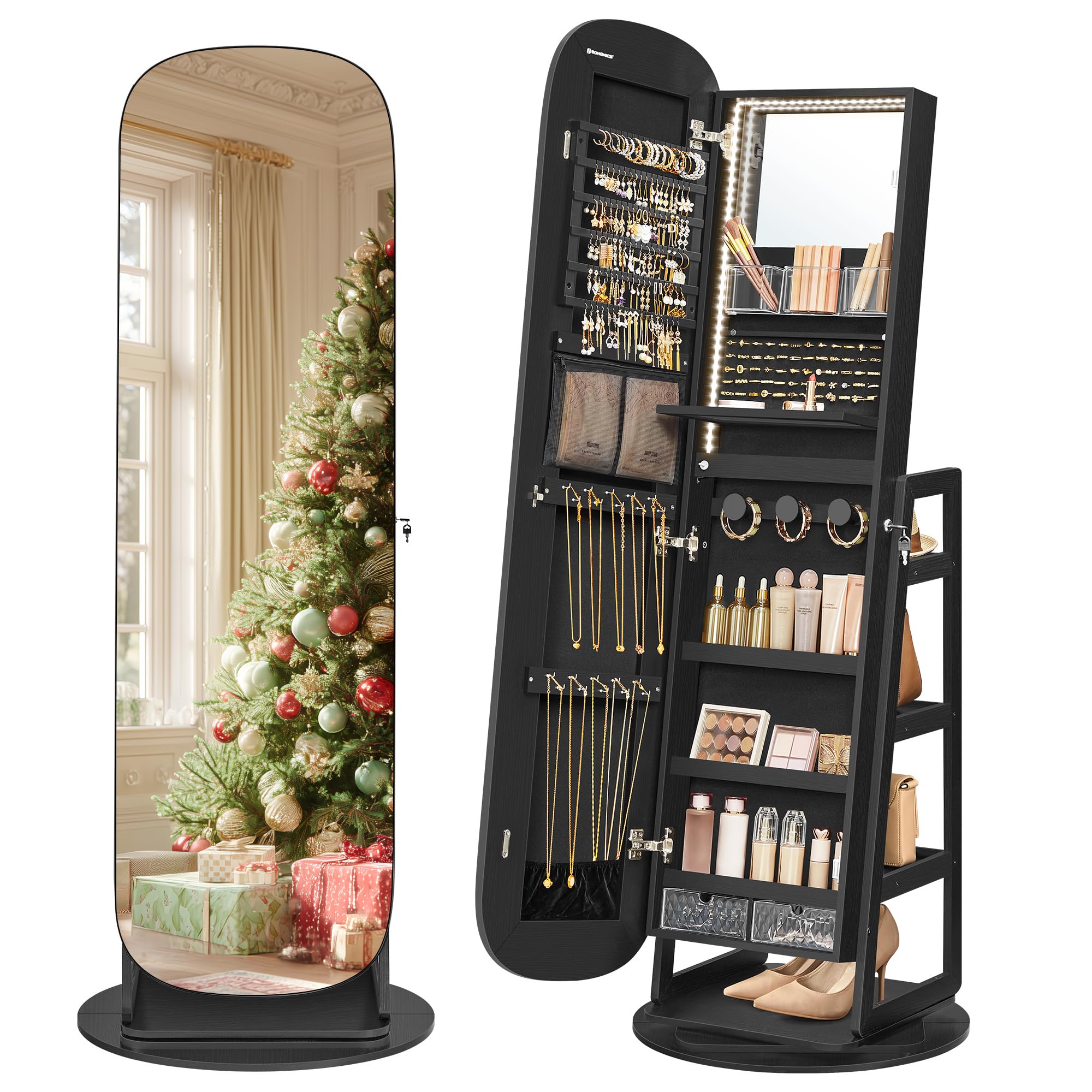 SONGMICS LED Jewelry Cabinet, 360° Swivel Jewelry Organizer, Lockable Mirror Jewelry Cabinet Standing, Rounded Wide Full-Length Mirror with Storage Shelves, Christmas Gifts, Ebony Black UJJC036B01
