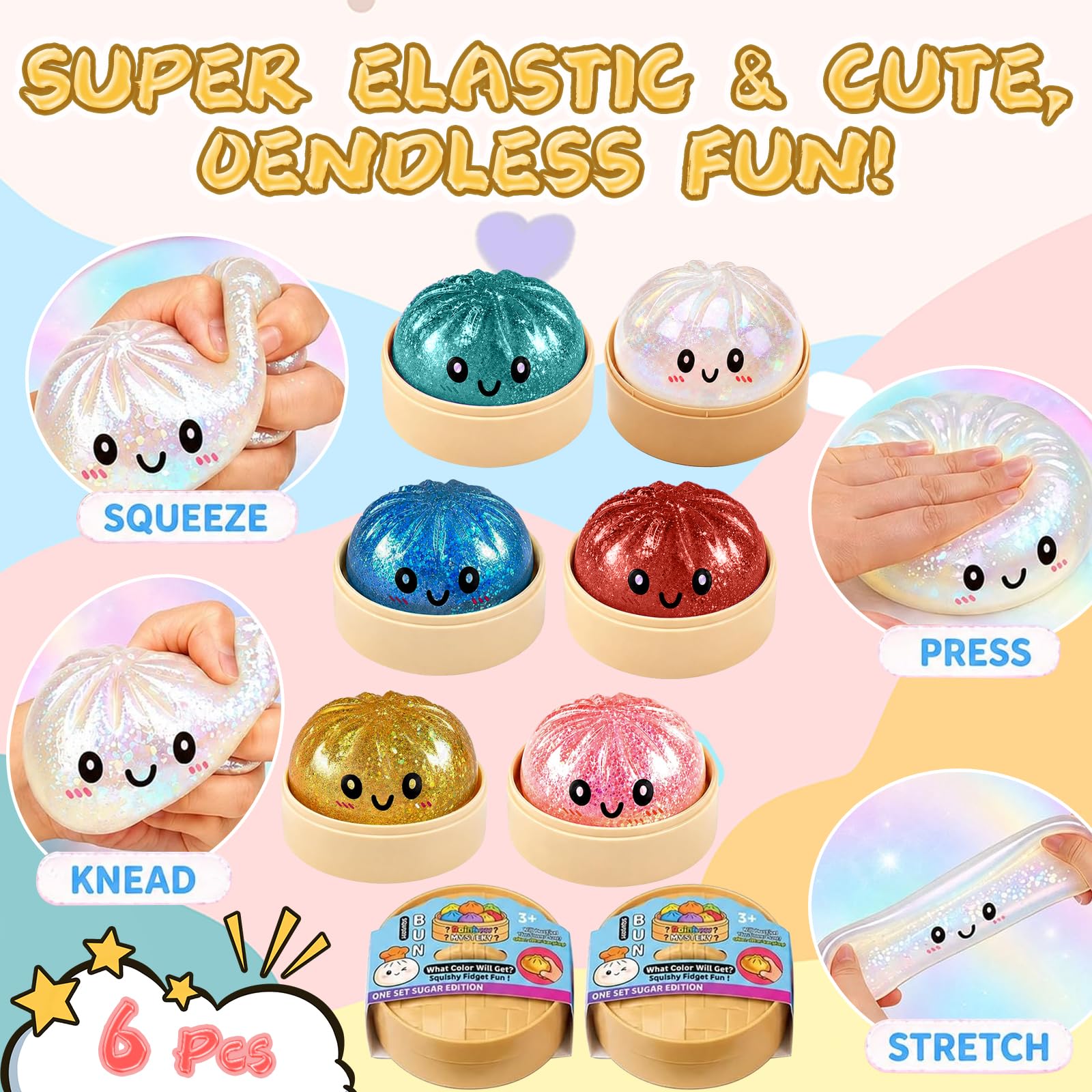 Dumpling Squishies 2026, Squishiest Bun Dumplings with Steamer Box Glitter Dumpling Dampfgarer, Mystery Dumplings Trend mit Box Geschenkidee für Kinder und Erwachsene (Zufällig)