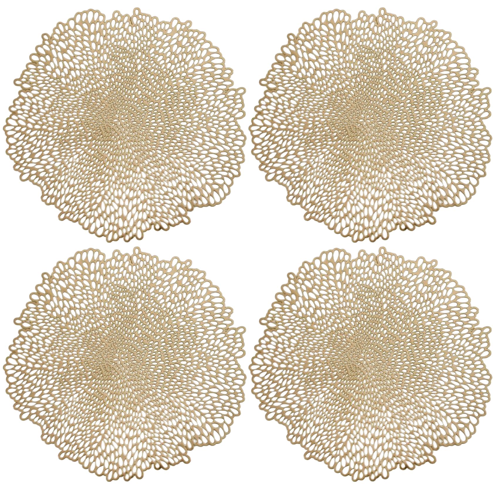 Gold Place Mats 4Pcs 15 Inch Round Place Mats Exquisite Hollow Out Placemats Heat Insulated Washable Reusable PVC Placemats for Party Decorations, Wedding, Restaurant, Hotel ;1