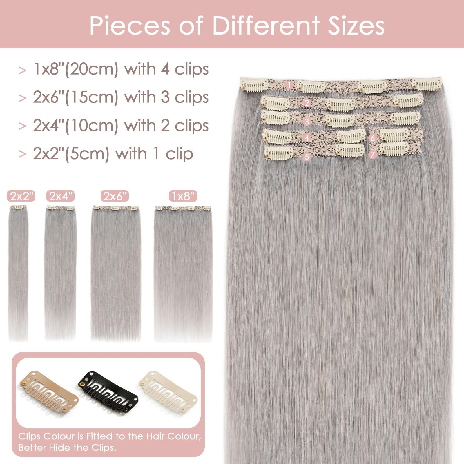 Silk-co Clip in Hair Extensions Real Human Hair Remy Double Weft With Lace Coverd Clip in Silky Straight Natural Thick Hair Seamless 7pcs 16Clips 90g 12Inch # Grey - Image 3