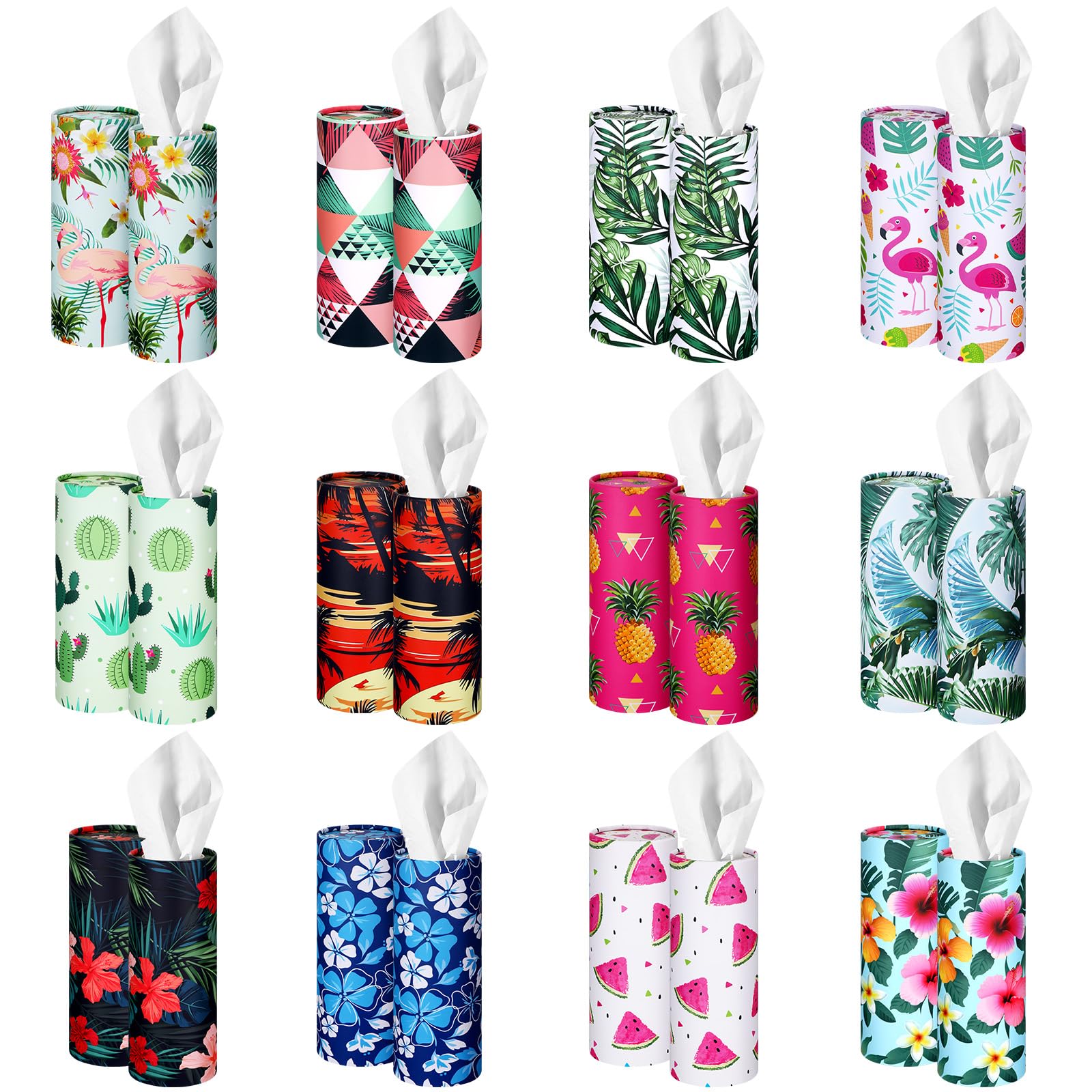 Yinder 24 Pcs Hawaii Style Car Tissues Boxes Travel Cylinder Tissue Boxes 7 x 2.6 Inch Large Capacity Round Car Tissues Cylinder Holder Hawaiian