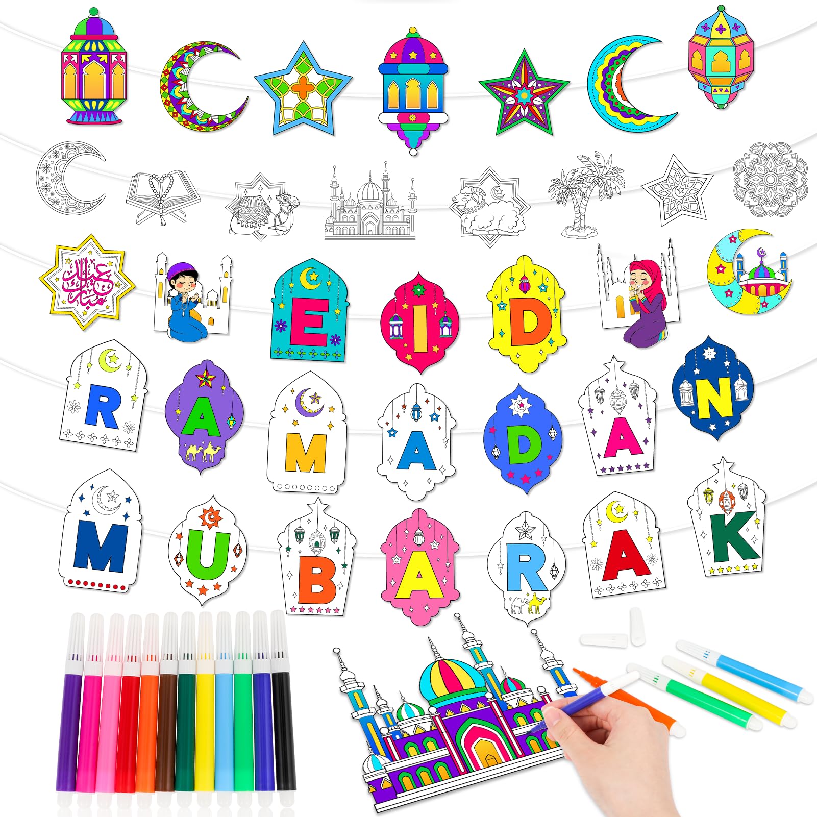 HOWAF 5 PACK Colour Your Own Ramadan Mubarak Banner Colouring Eid Mubarak Banner for Crafts Ramadan Decorations Eid Mubarak Decorations