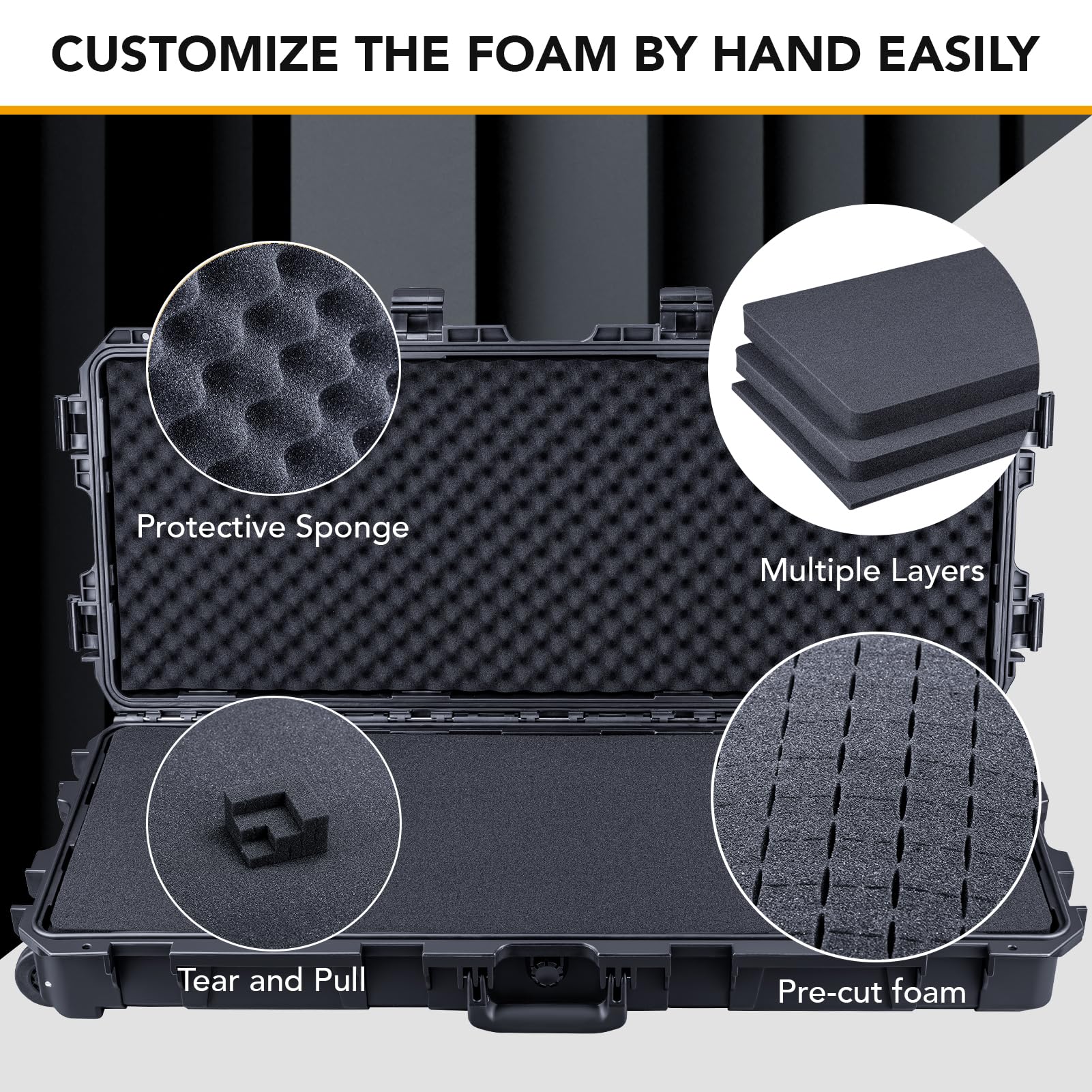 Lykus HC-9010 Long Waterproof Hard Case with Customizable Foam Insert and Wheels, Interior Size 34.17x13.19x5.12 in, Suitable for long items