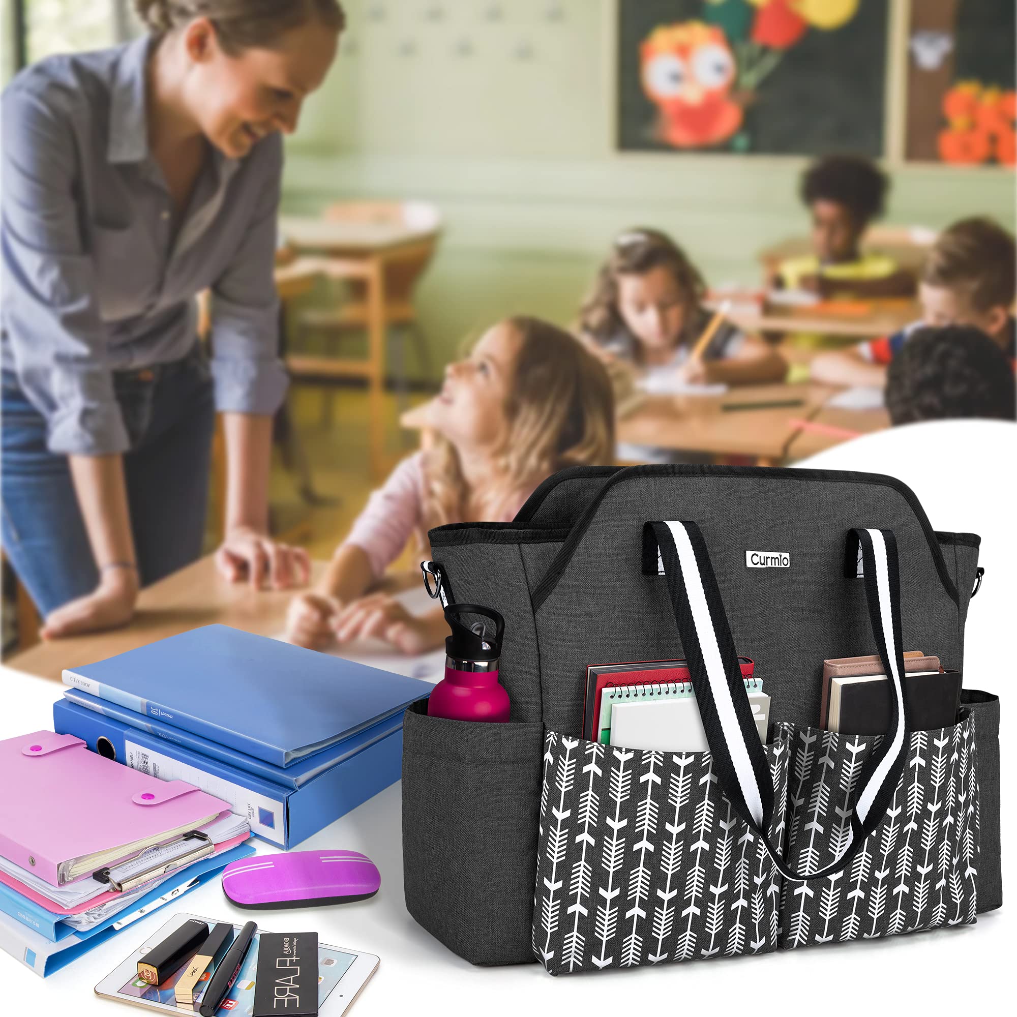 CURMIO Bolsa de Trabajo para Profesora Mujer con Funda para Laptop, Negro | Correa de Hombro Desmontable, Varios Bolsillos, para Profesores/ Enfermeras/ Universidad/ Negocios, Sólo Bolsa
