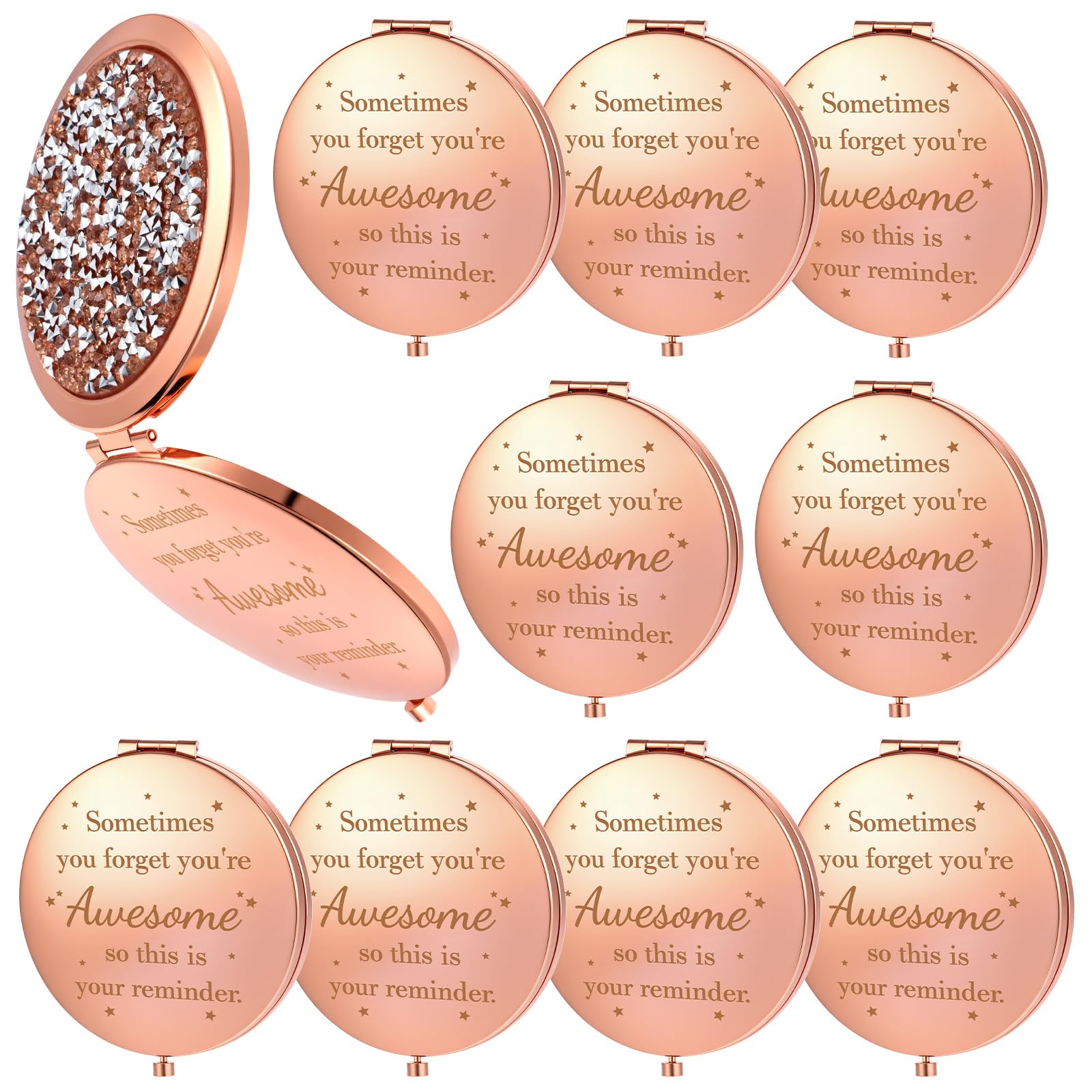 10 Pcs Inspirational Compact Mirror Sometimes You Forget You're Awesome Appreciation Gifts for Women Mother's Day Party Favors Magnifying Pocket Mirror (Rose Gold)-image-46
