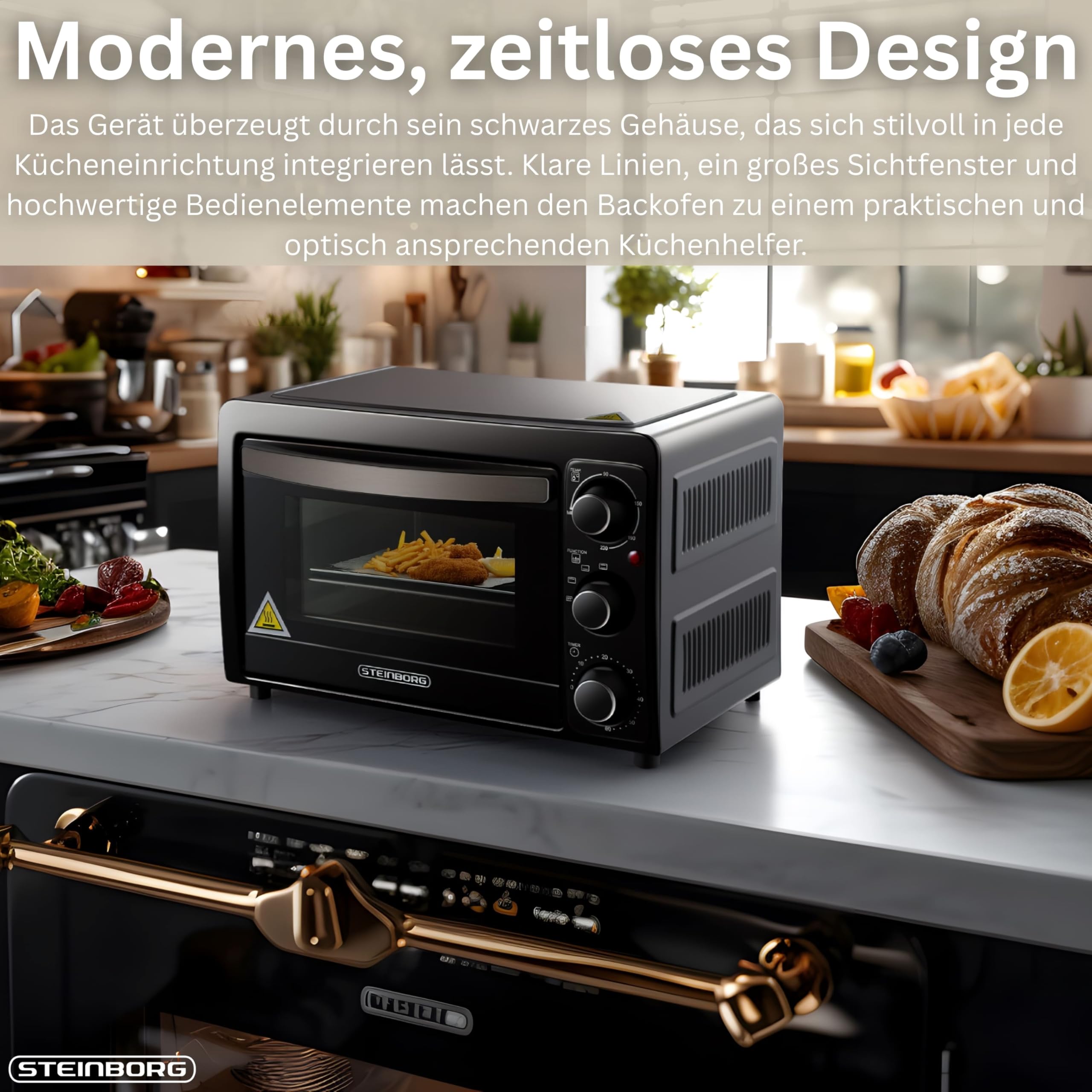 STEInBORG Mini Backofen 15 Liter Pizza-Ofen 3in1 Backofen Minibackofen Miniofen Krümelblech Ober-/Unterhitze Energiesparend 60 min.Timer