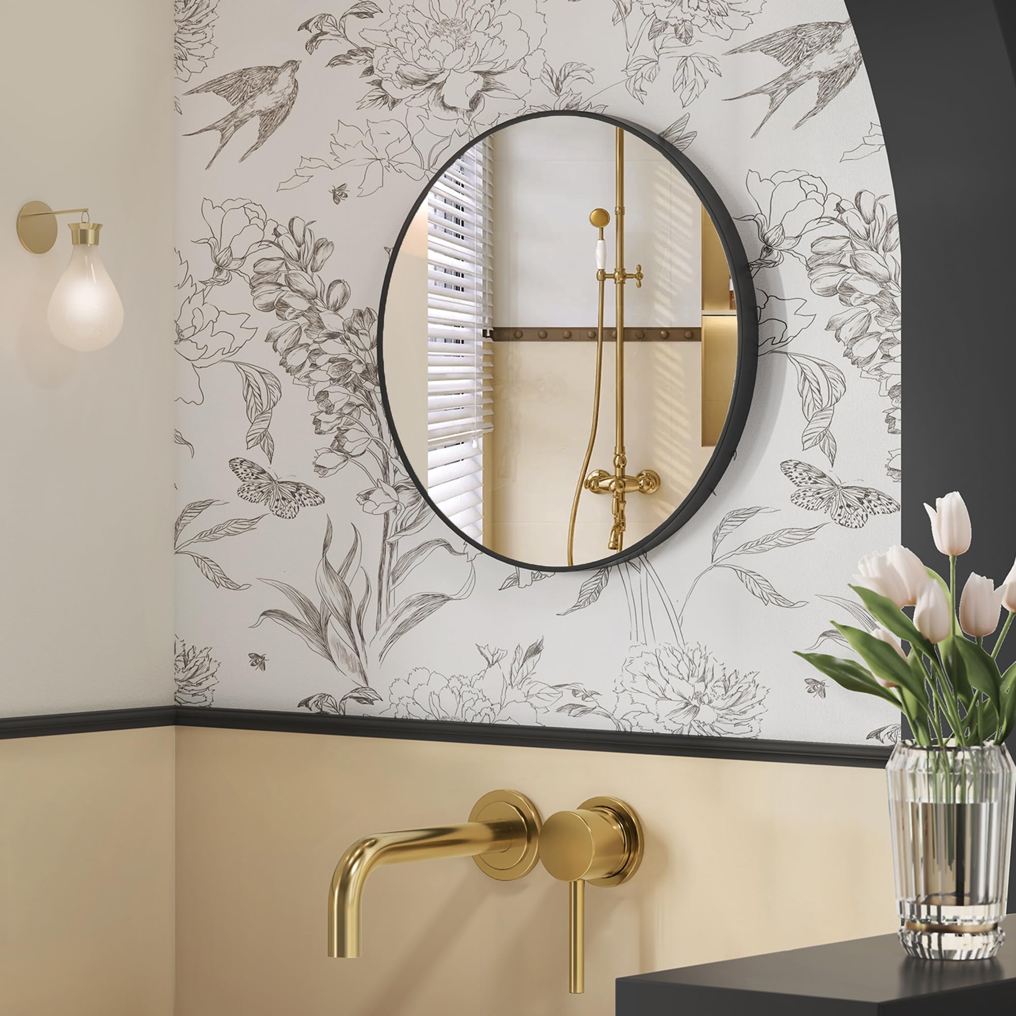 SONGMICS Miroir Rond, Miroir Mural, Diamètre 61 cm, Cadre en Métal, Facile à Installer, pour Salle de Bain, Salon, Chambre, Entrée, Couloir, Noir d'encre LWM102B01