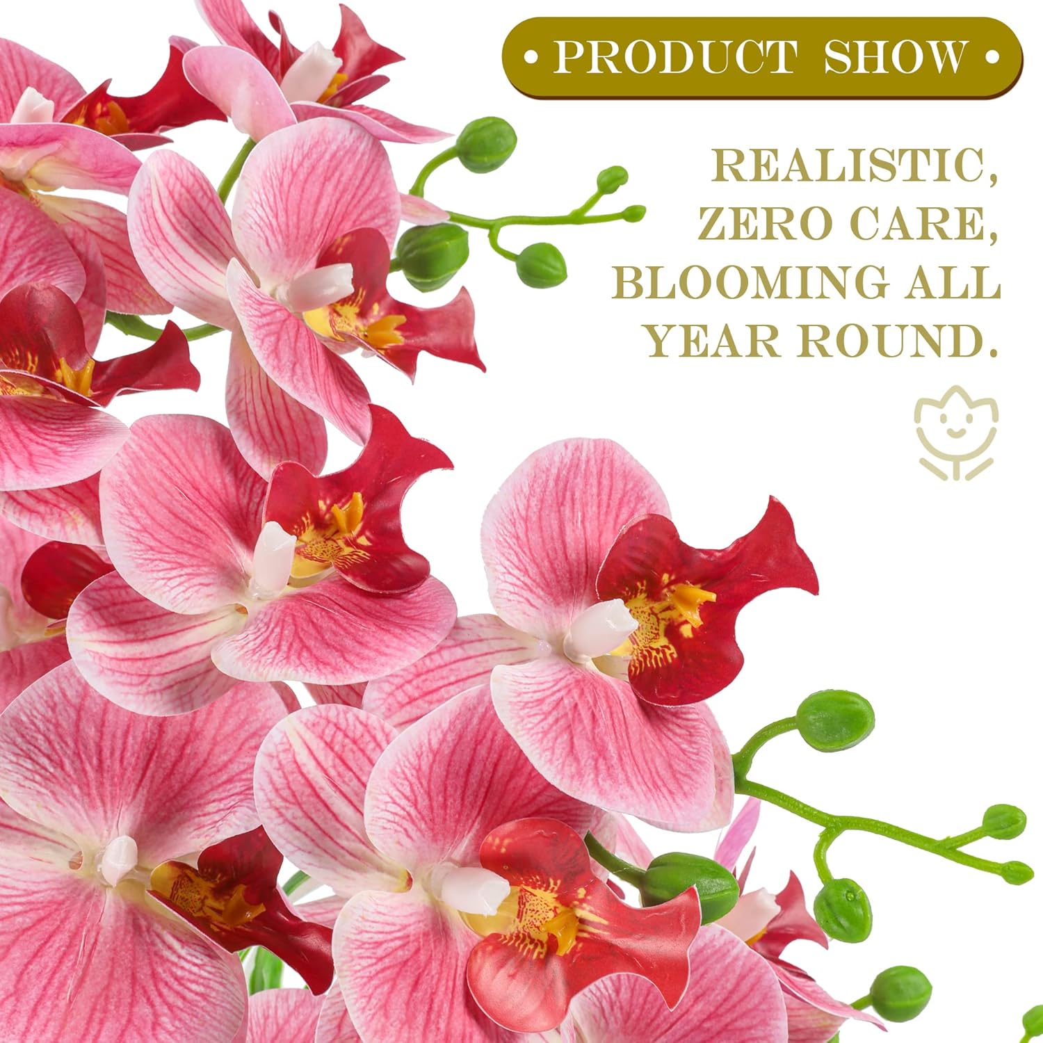 Orchids Artificial Flowers, Fake Orchid Plants & Flowers in Vase, Faux Orchid in Pot for Home Decor Indoor,Pink Artificial Flowers with Gold Vase - Image 2