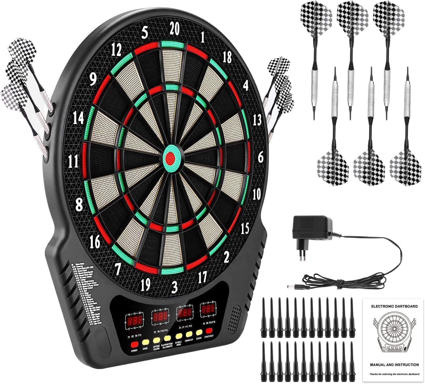 Elektronische Dartscheibe für 1-16 Spieler, E-Dartboards Dartautomat mit 4 LCD-Anzeige und 6 Darts und 24 Pfeilkopf 27 Spiele mit 243 Spieloptionen Profi Elektronik Dartspiel