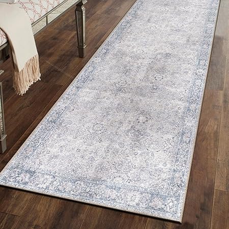 Rugshop Ocean/Blue Transitional Vintage Bordered Runner Rug — Machine Washable, 2'6"x10' for Hallway, Entryway and Kitchen
