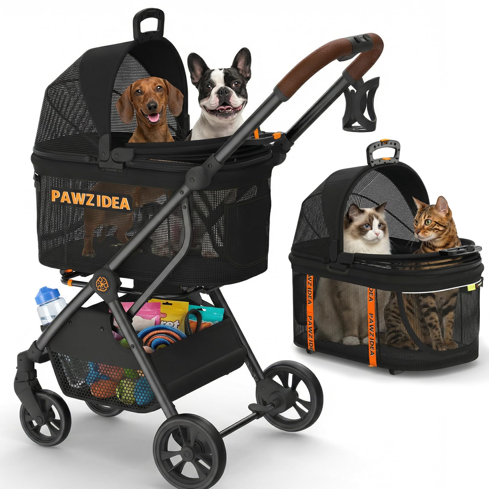 PAWZIDEA 4-in-1 Pet Stroller for Small Medium Dogs & Cats, Foldable Dog Stroller with Detachable Carrier, Escape-Proof No-Zip Canopy, Lightweight Portable Travel Crate & Car Seat Combo, Storage Basket