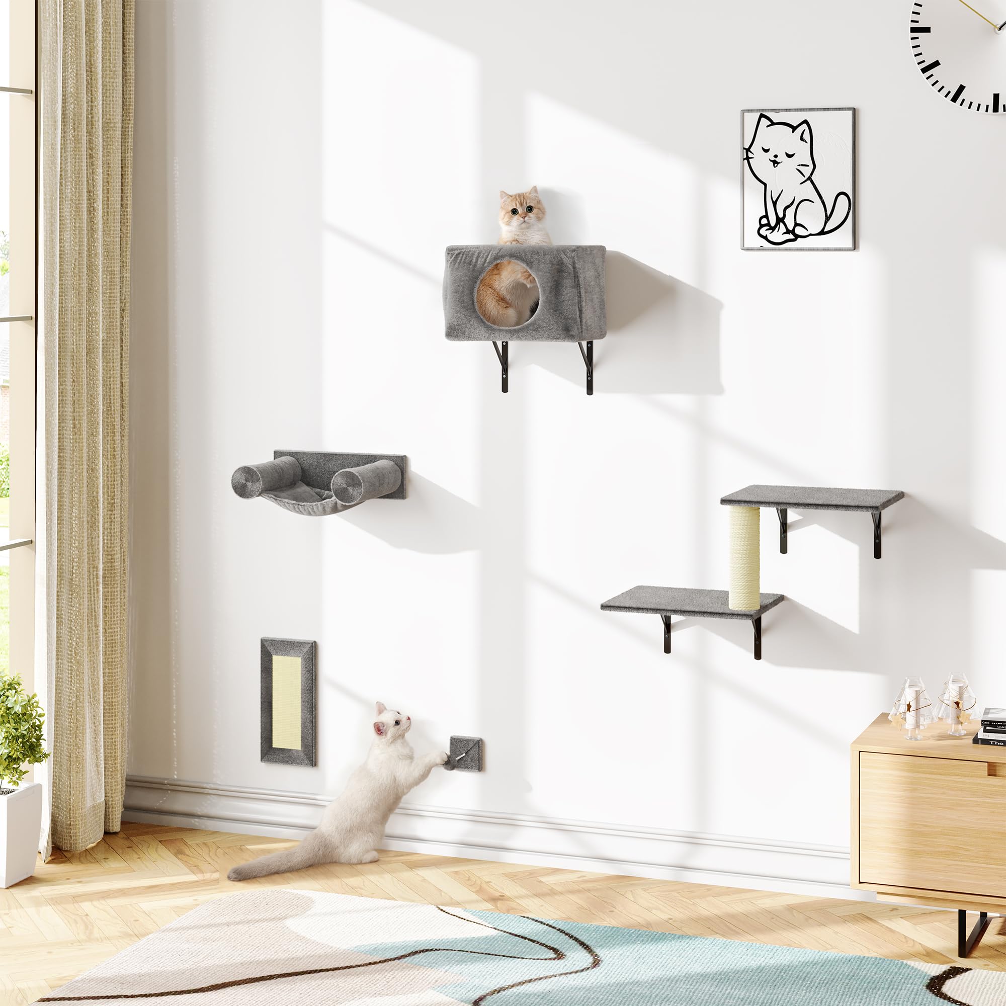 KAMABOKO Cat Wall Furniture, Wall Mounted Cats Climber, 5pcs Cats Wall Shelves, Cat House, Hammock, Tree, Steps, Perches, Scratcher, and Toy Ball, Pet Furniture for Indoor - Dark Grey