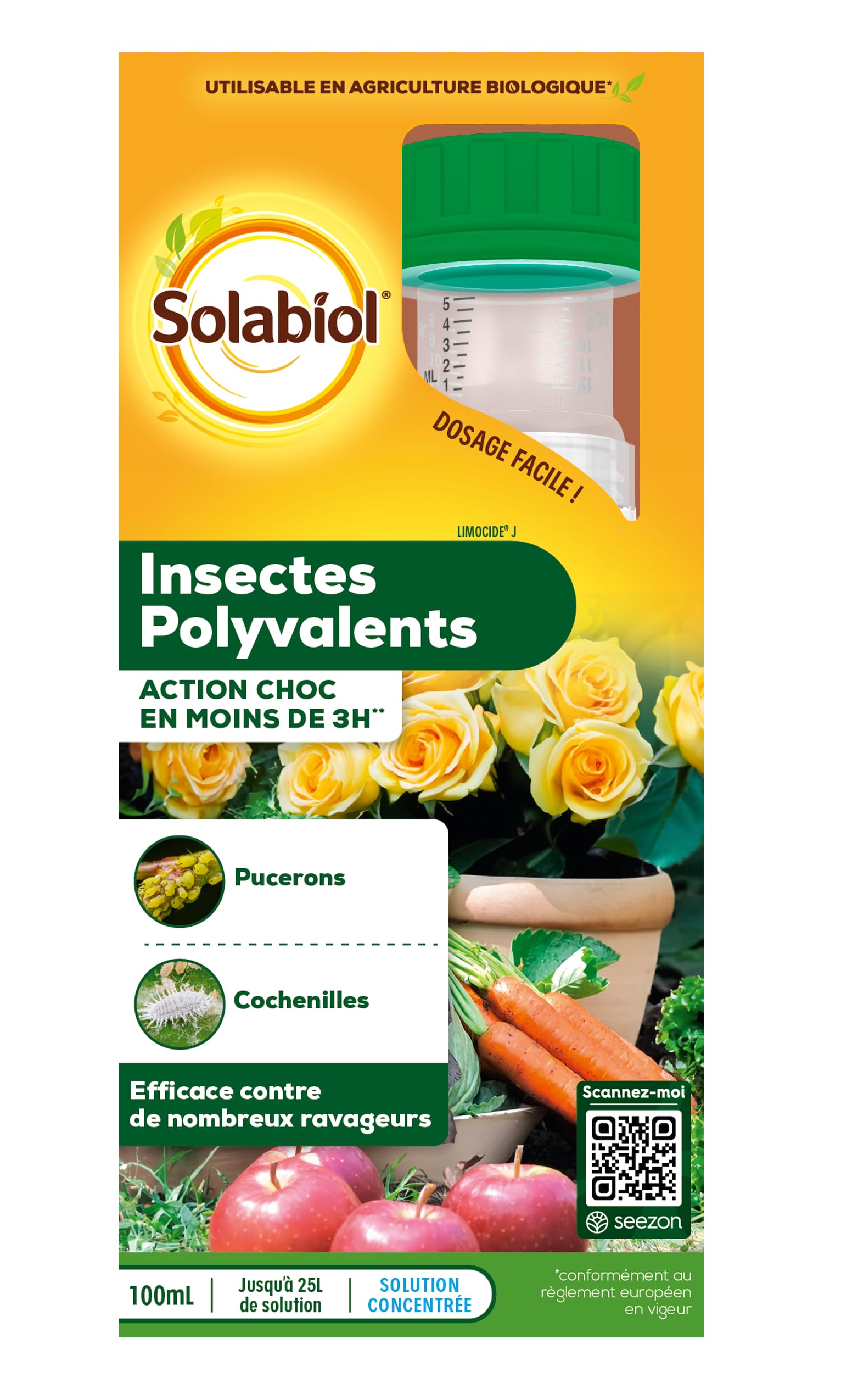 SOLABIOL Anti-Insectes Polyvalents - Action Rapide - 100ml | Effets Visibles en 3h - Pucerons, Cochenilles, Aleurodes - Utilisable en Agriculture Biologique - SOLIPOLY100N