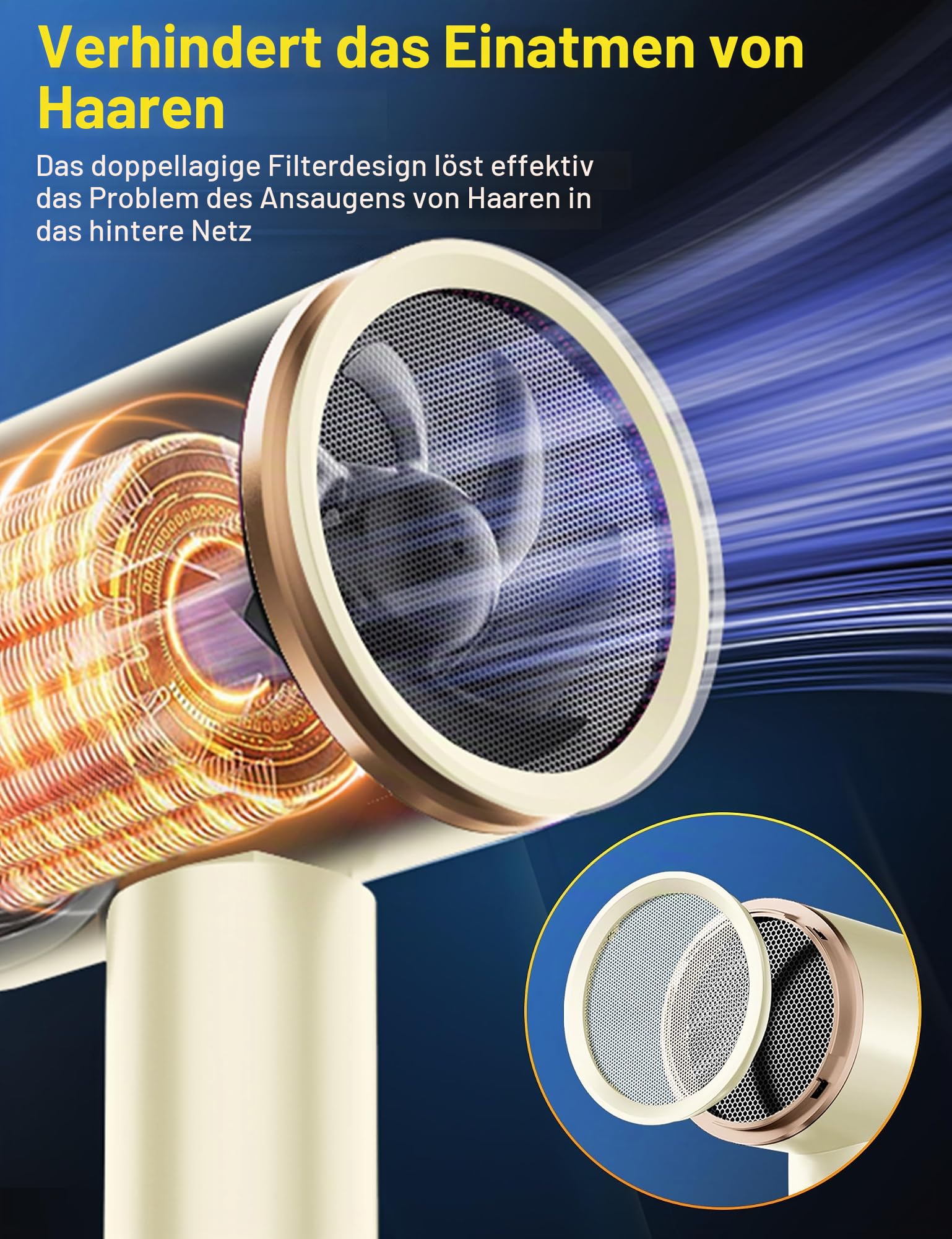 Föhn,Fön,2400W Klappbar Ionen Haartrockner, Schnelltrocknen Hair Dryer, Profi Reisefön mit Heiß-/Kalttaste, 3 Heiz,AC Motor Salon Haarföhn mit Diffusor & Aufbewahrungstasche (Beige)