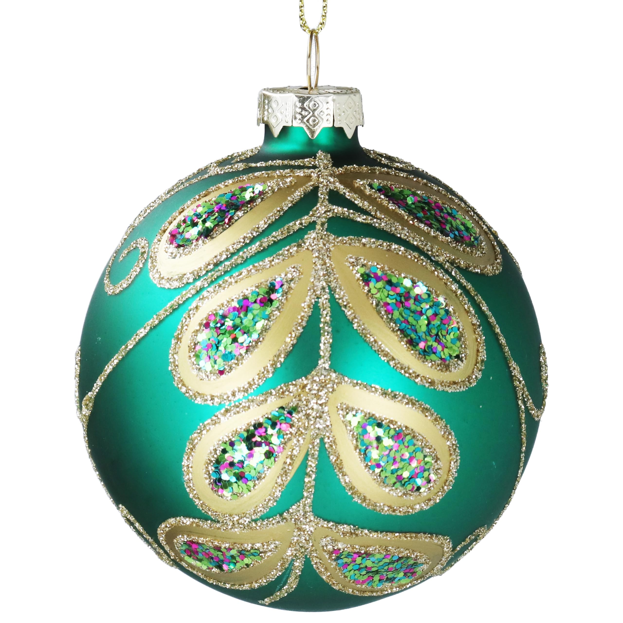 Gisela Graham Glass Peacock Bauble Green with Gold Detailing 8cm