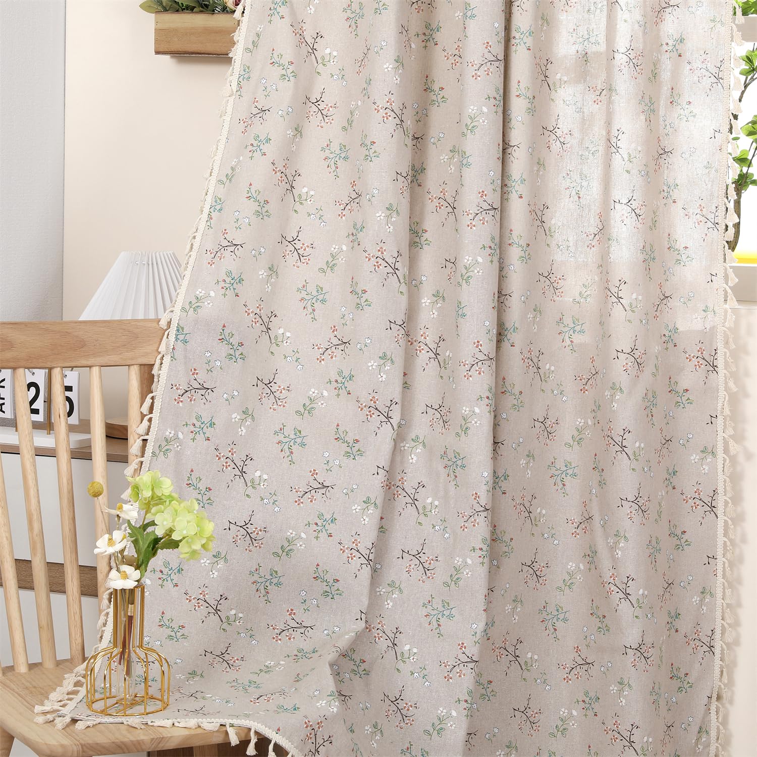 Moslovstar 1 Pair Floral Linen Curtains Rustic Country Style Light Filtering Rod Pocket Window Drapes Beige Tassels, 52" W x 63" L Little Grass and